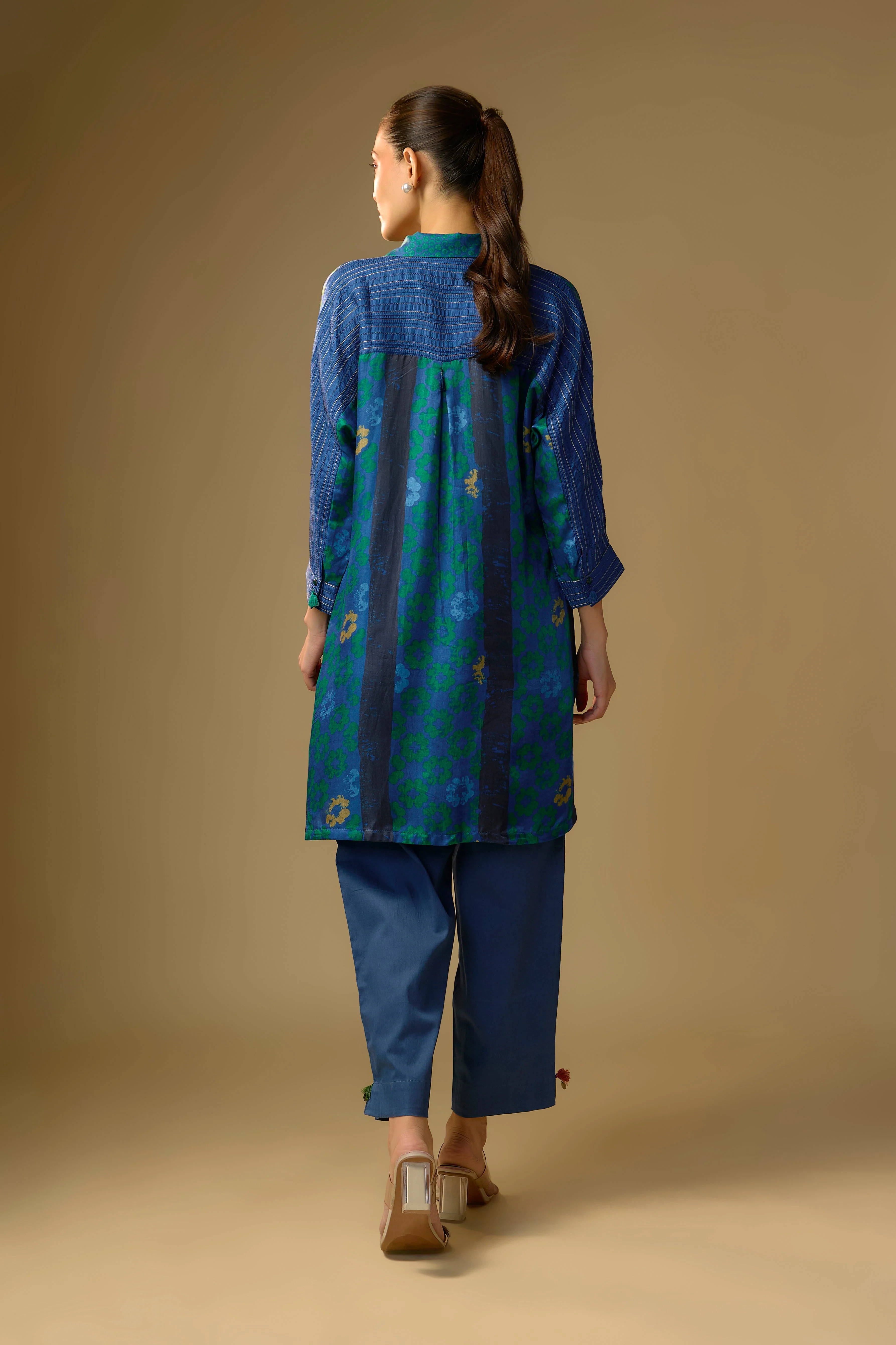 Summer Blue Printed Slub Cotton Silk Tunic Top - Image 3