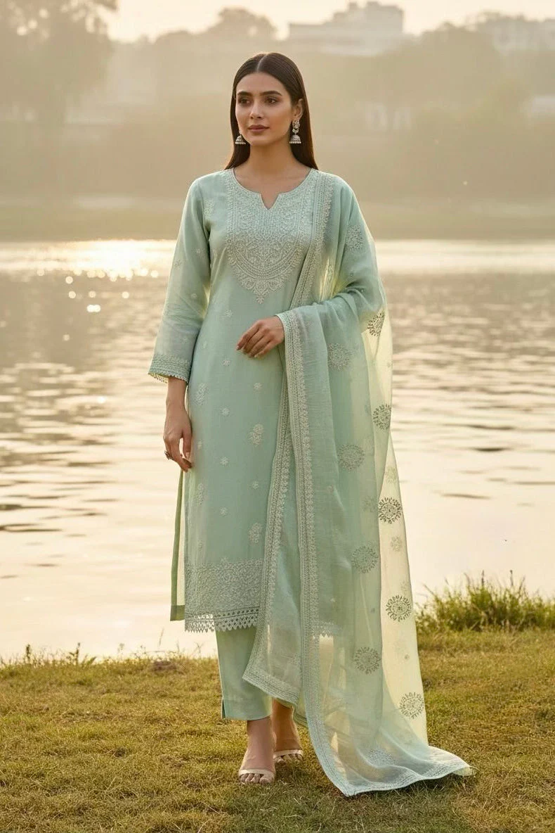 Pastel Mint Green Embroidered Organza Silk Pant Set