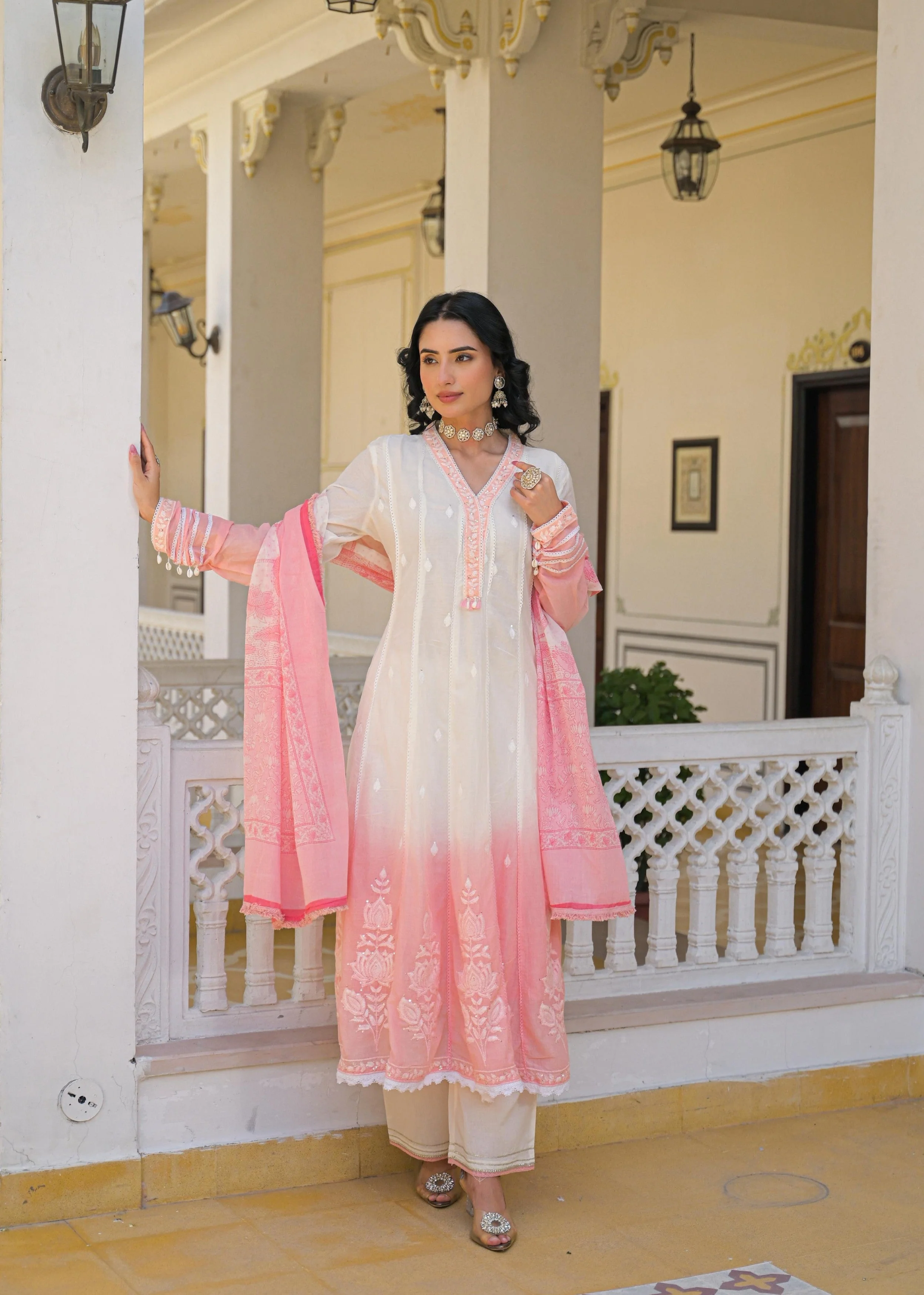 Pink Ombre Embroidered Mul Cotton Anarkali Set