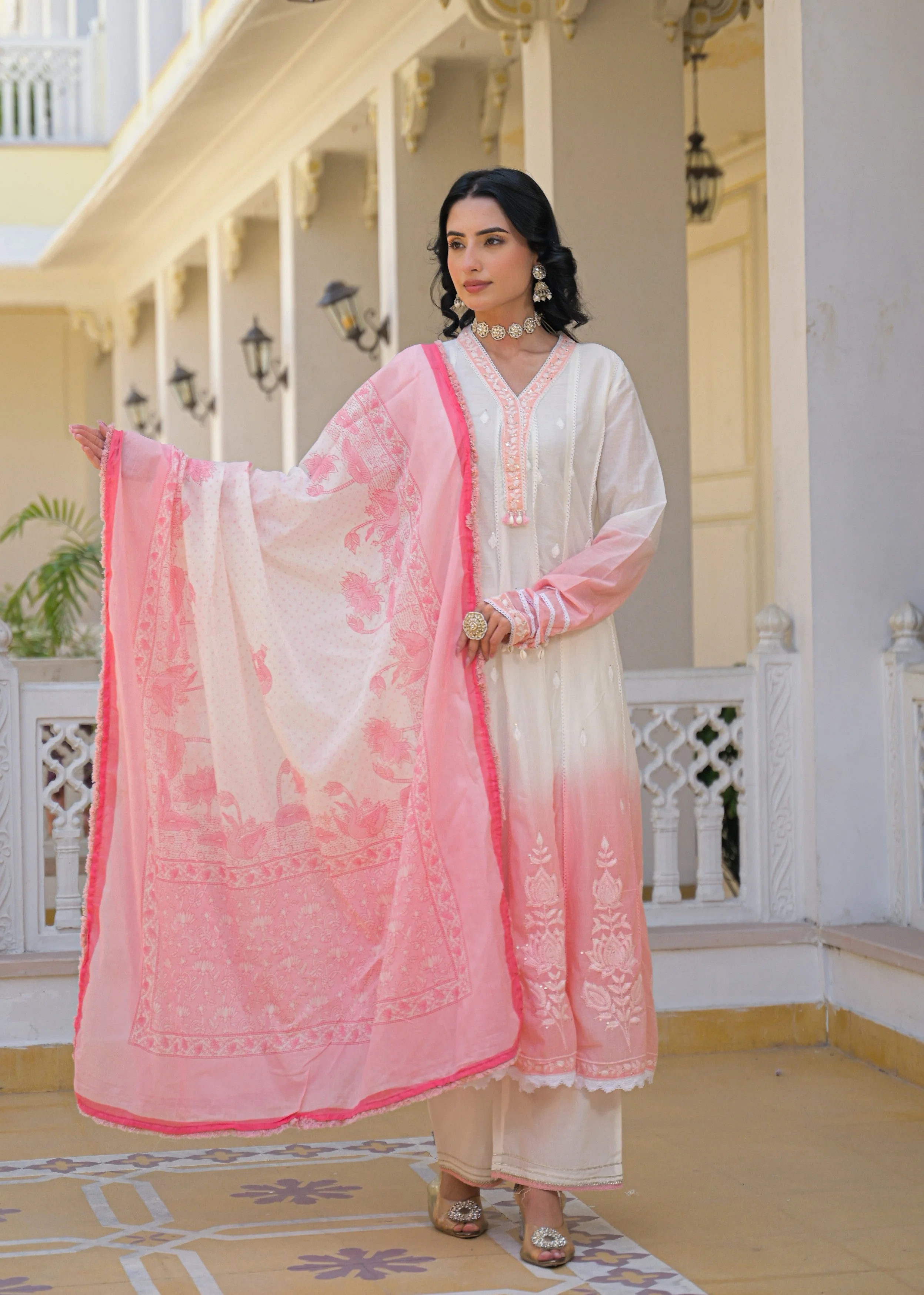 Pink Ombre Embroidered Mul Cotton Anarkali Set - Image 2