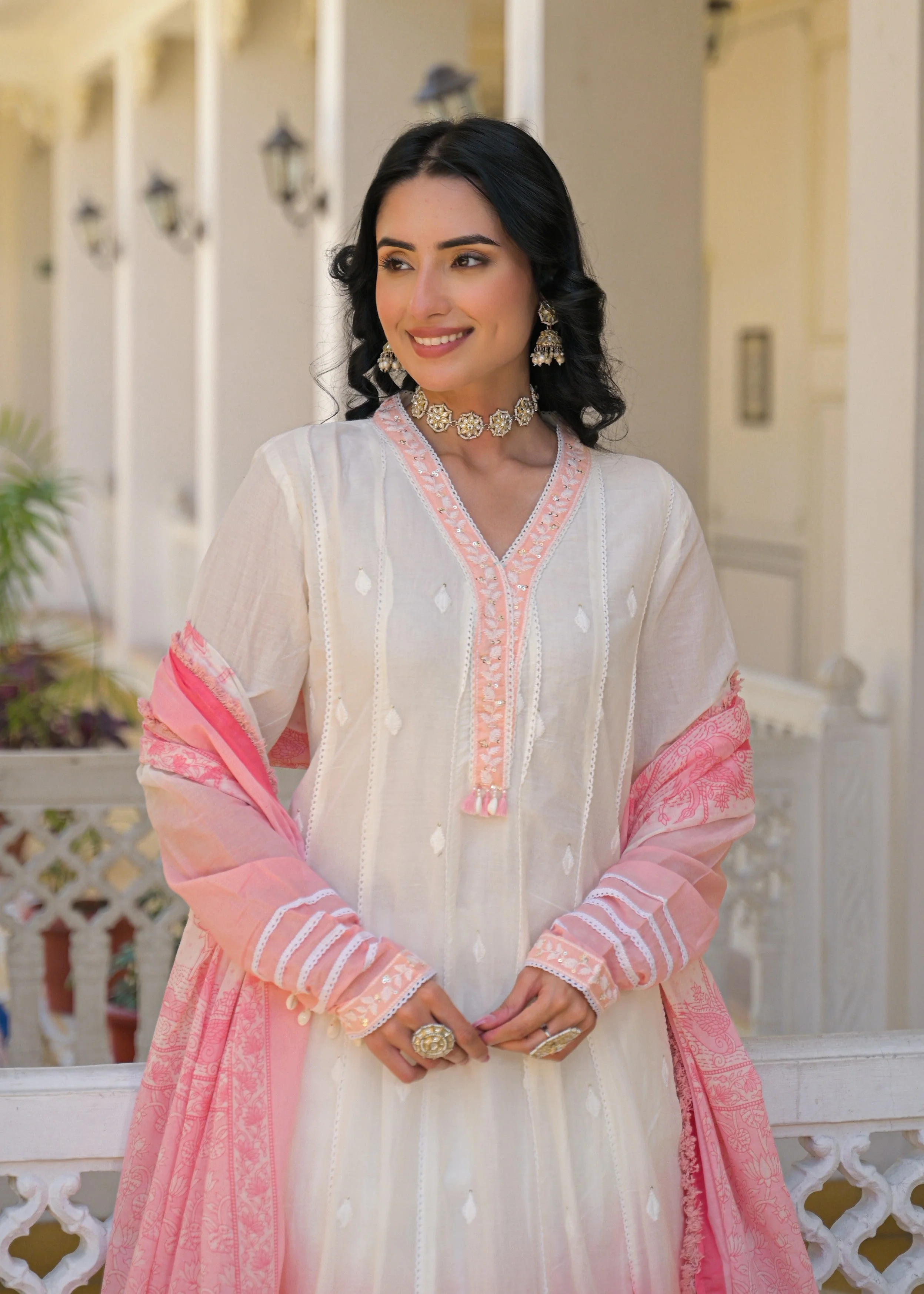 Pink Ombre Embroidered Mul Cotton Anarkali Set - Image 3