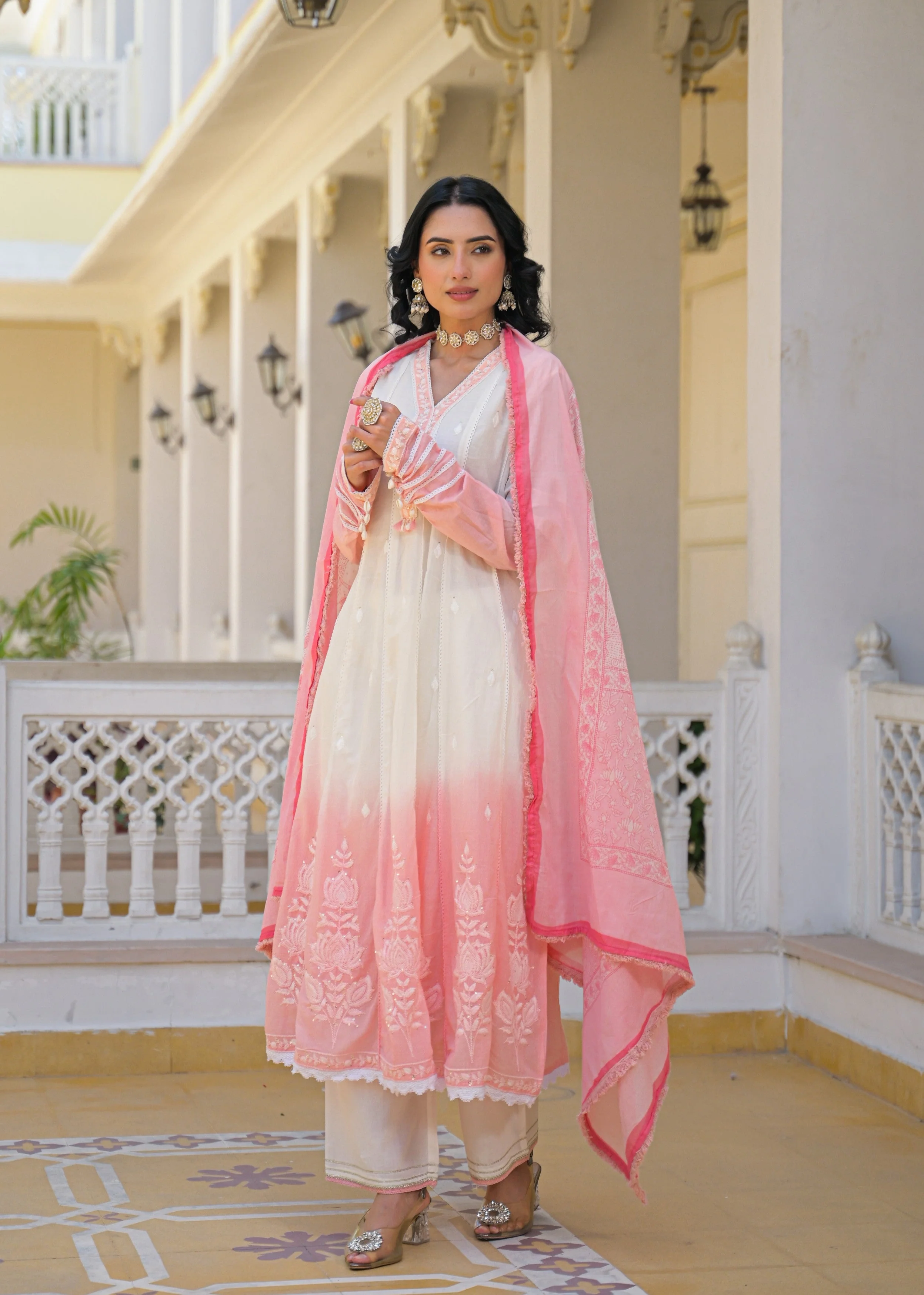 Pink Ombre Embroidered Mul Cotton Anarkali Set - Image 5