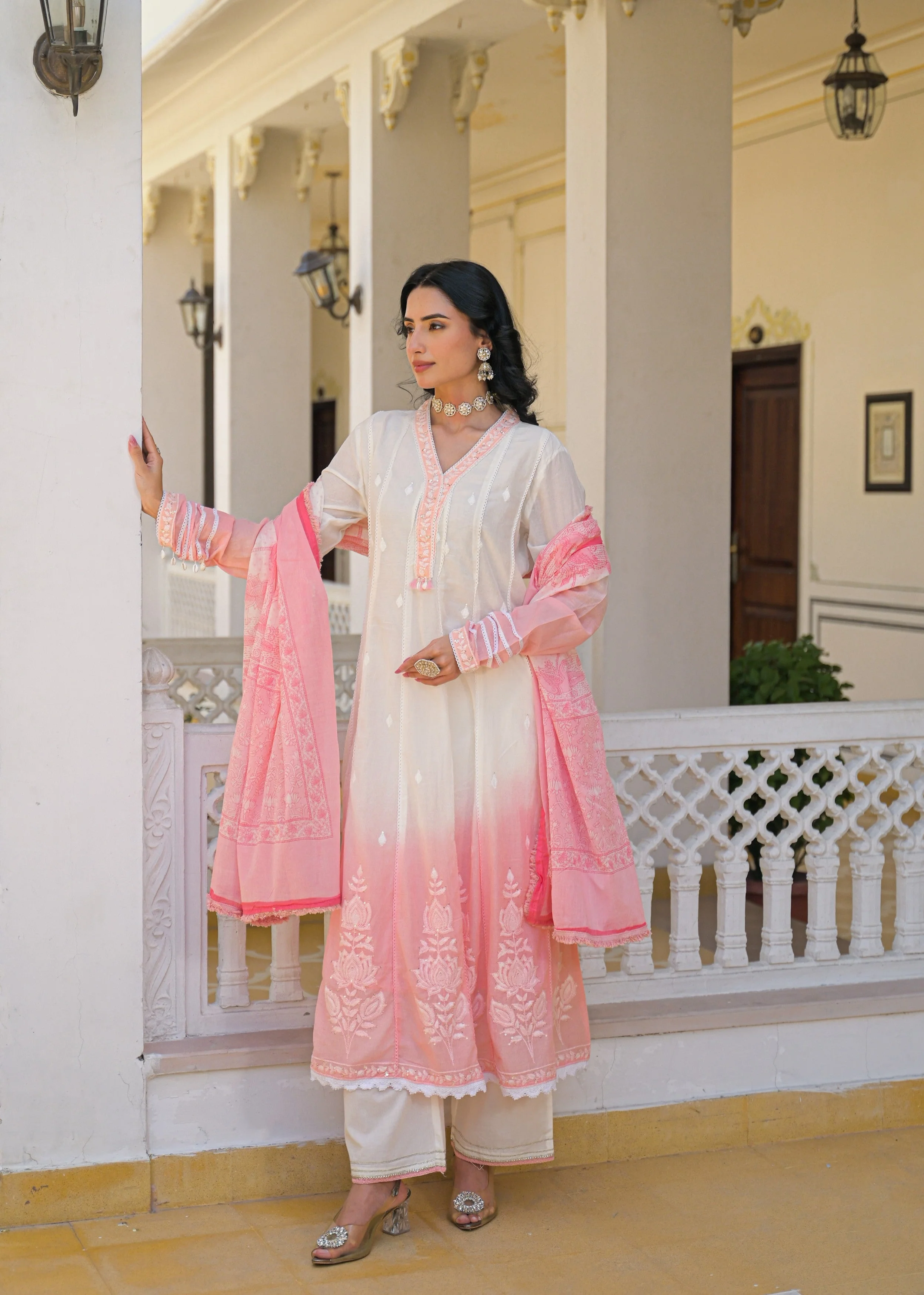 Pink Ombre Embroidered Mul Cotton Anarkali Set - Image 6