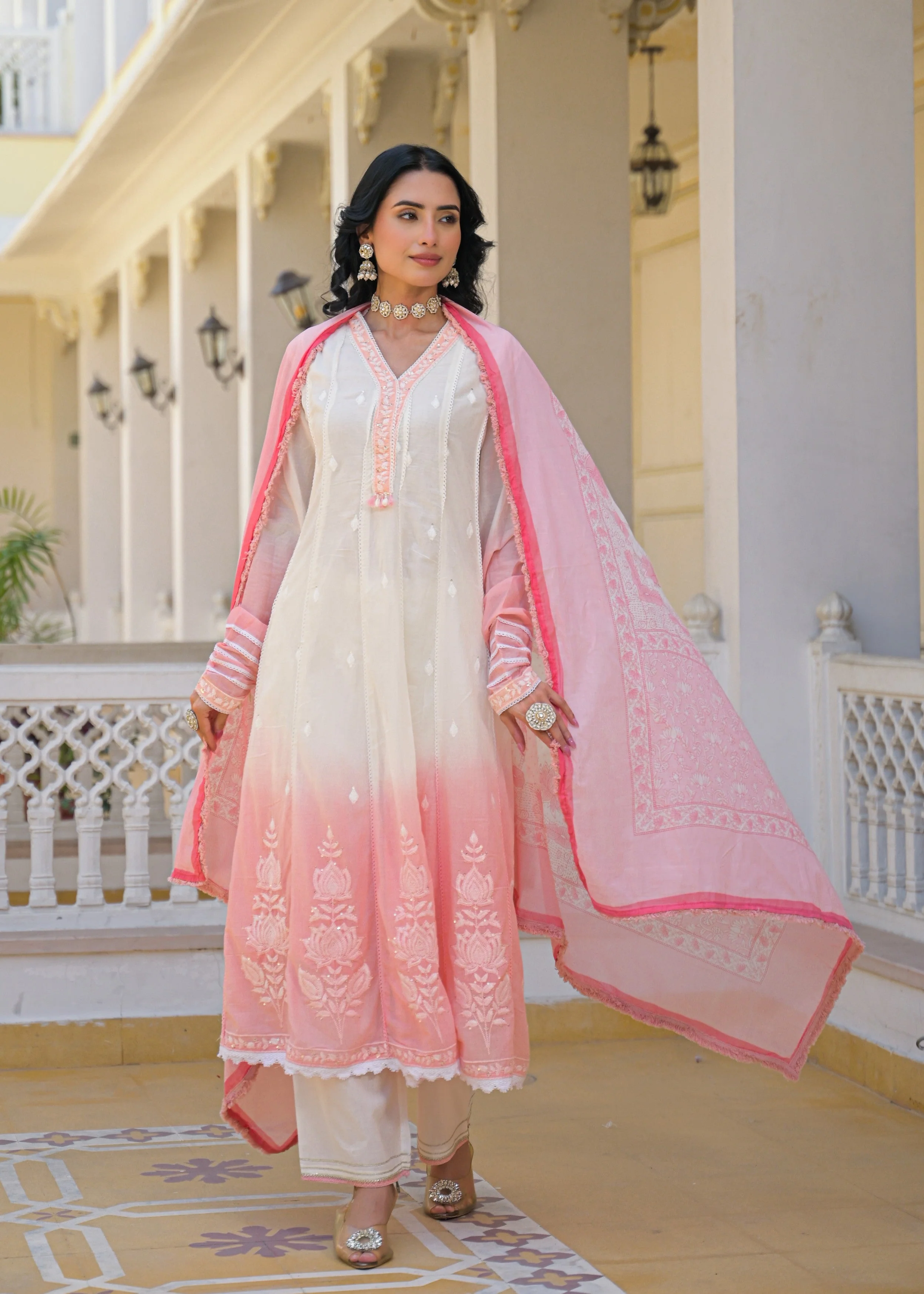 Pink Ombre Embroidered Mul Cotton Anarkali Set - Image 7