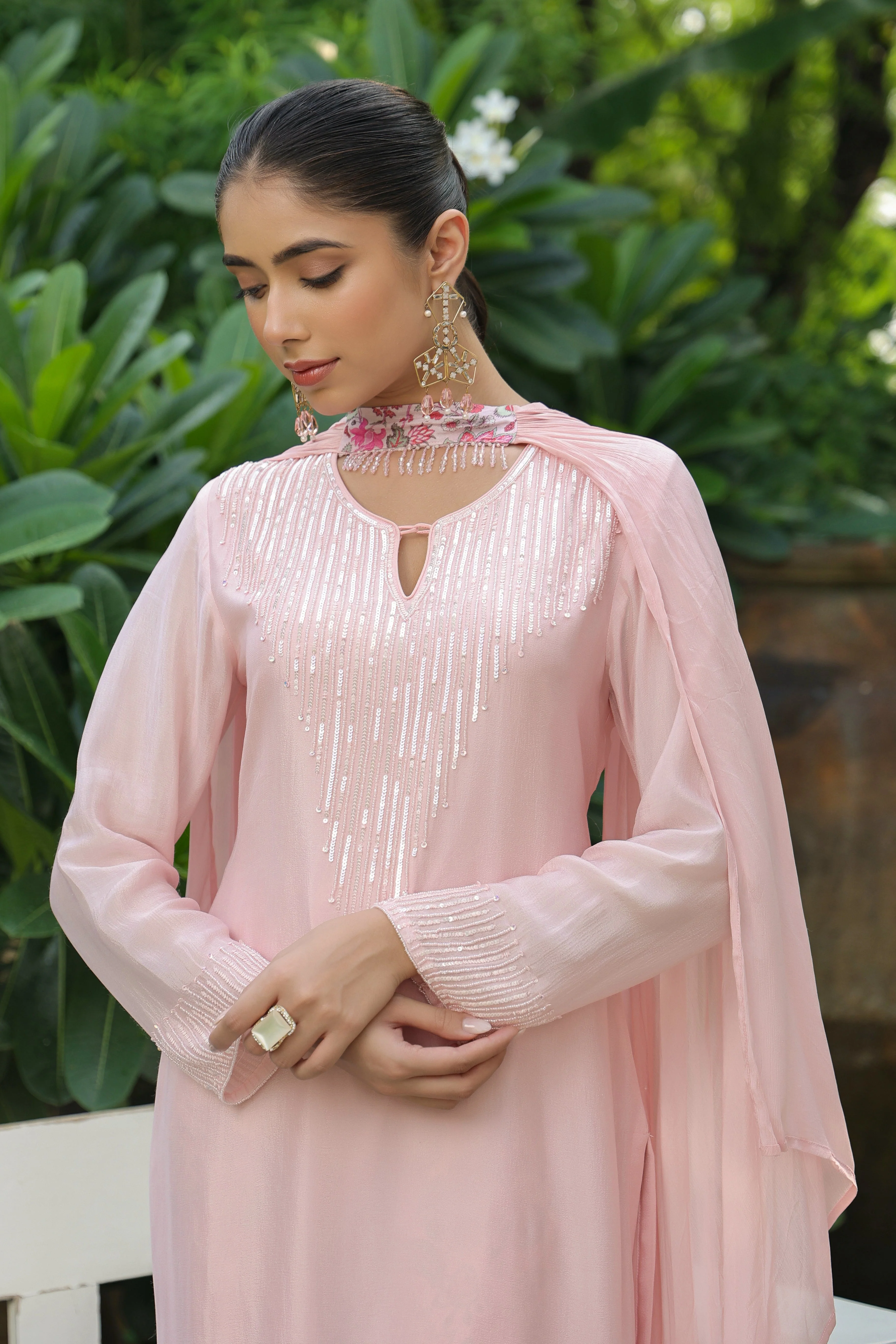 Soft Peach Embellished Chinon Silk Kurta Set - Image 2