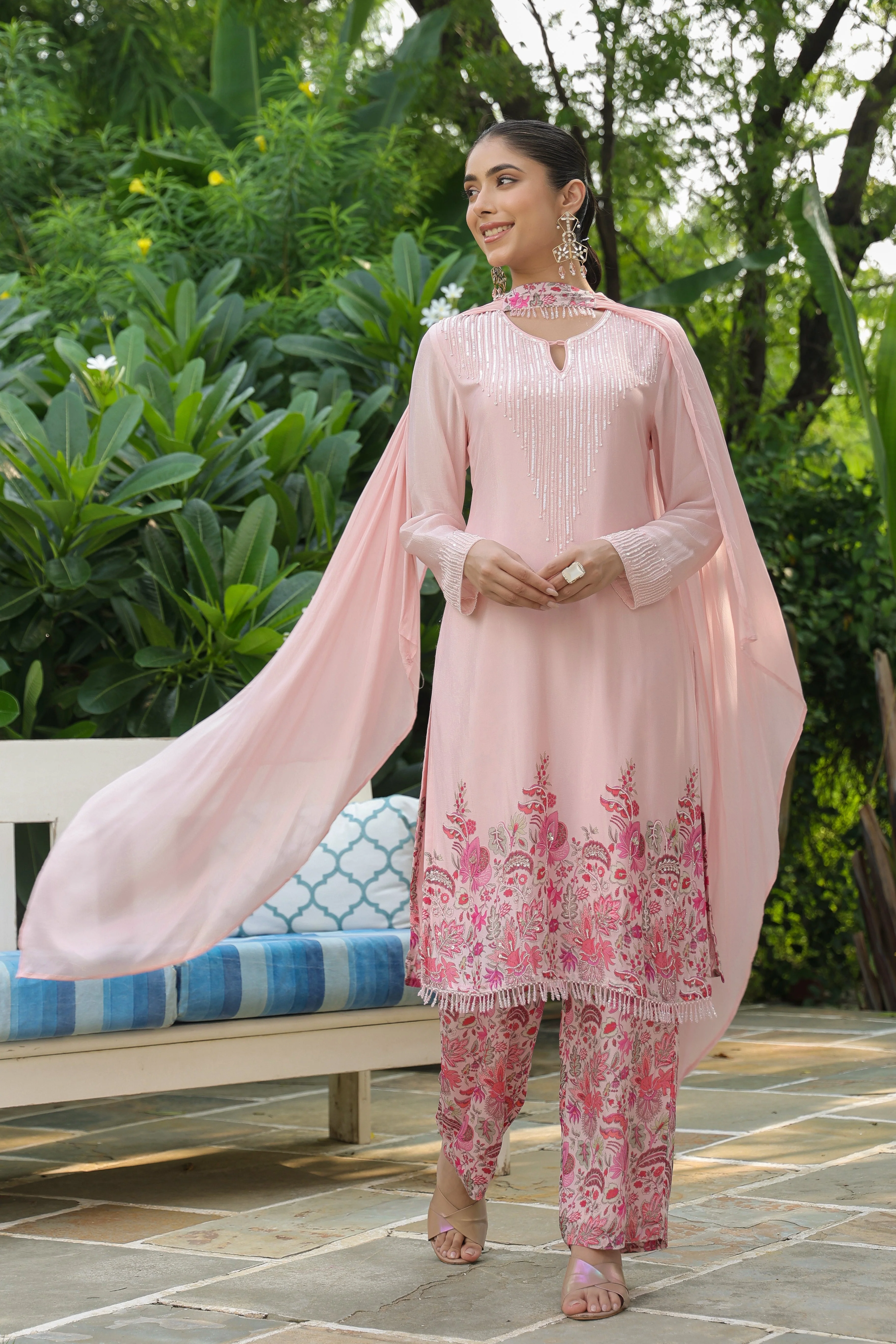 Soft Peach Embellished Chinon Silk Kurta Set - Image 3