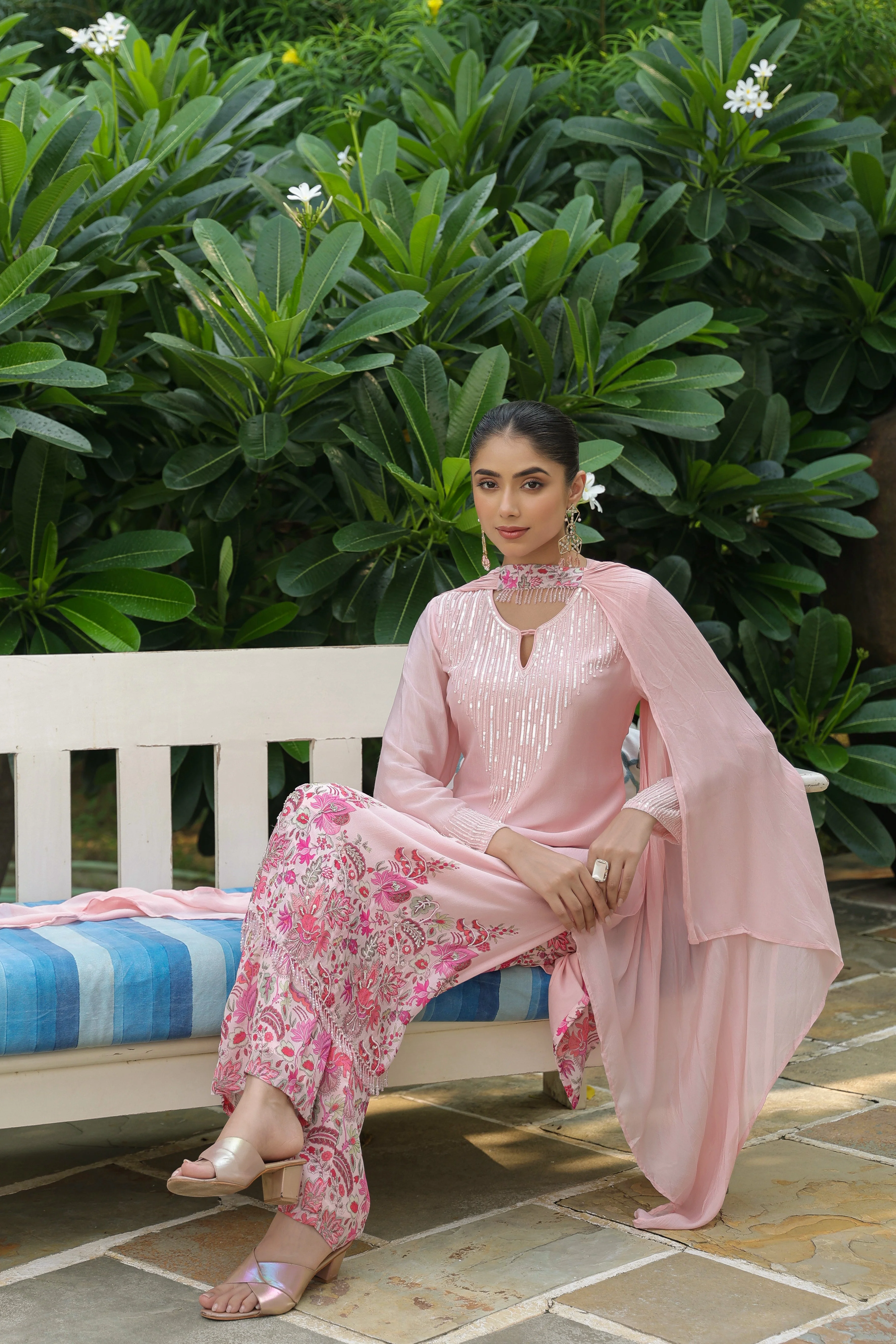 Soft Peach Embellished Chinon Silk Kurta Set - Image 4