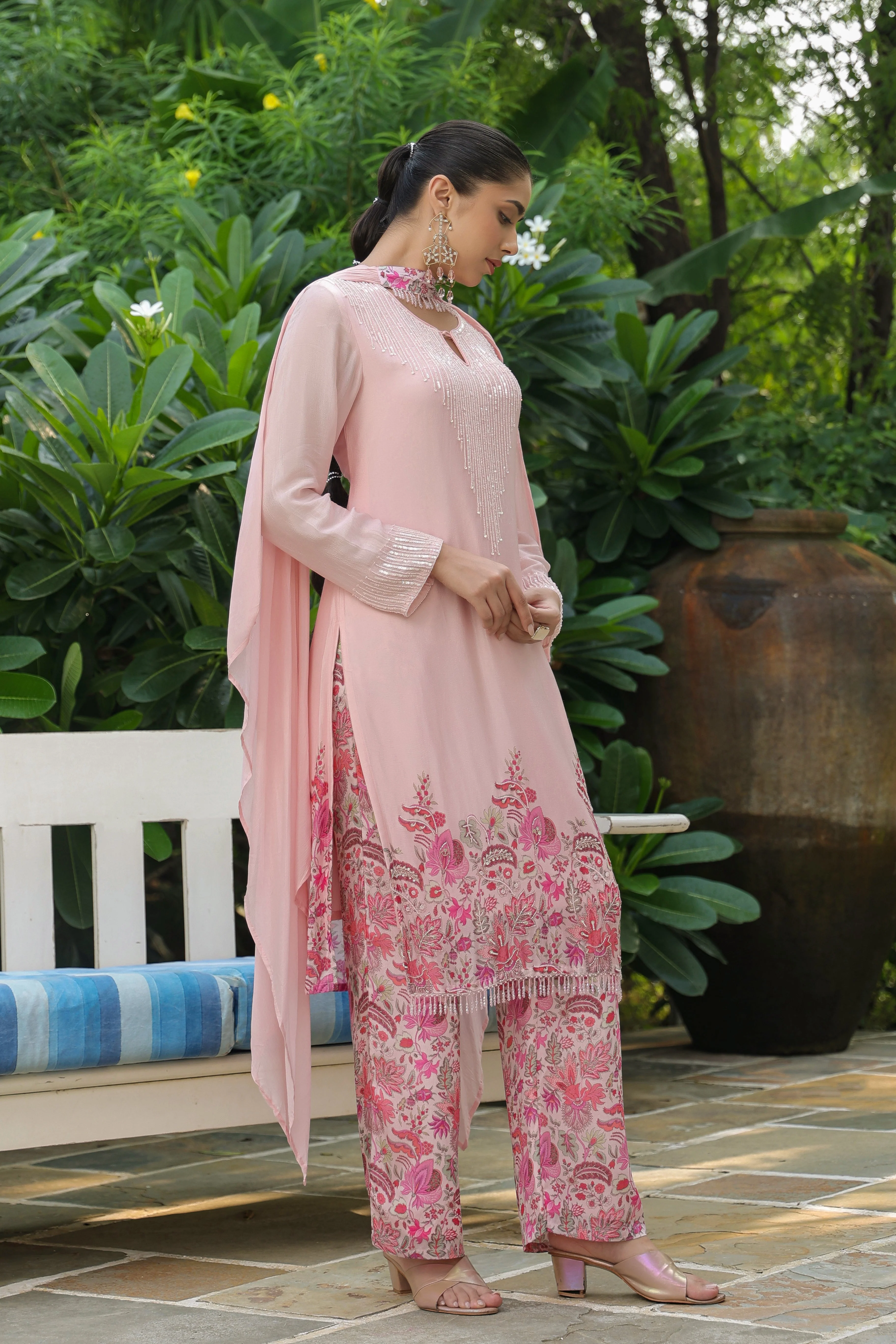 Soft Peach Embellished Chinon Silk Kurta Set - Image 5