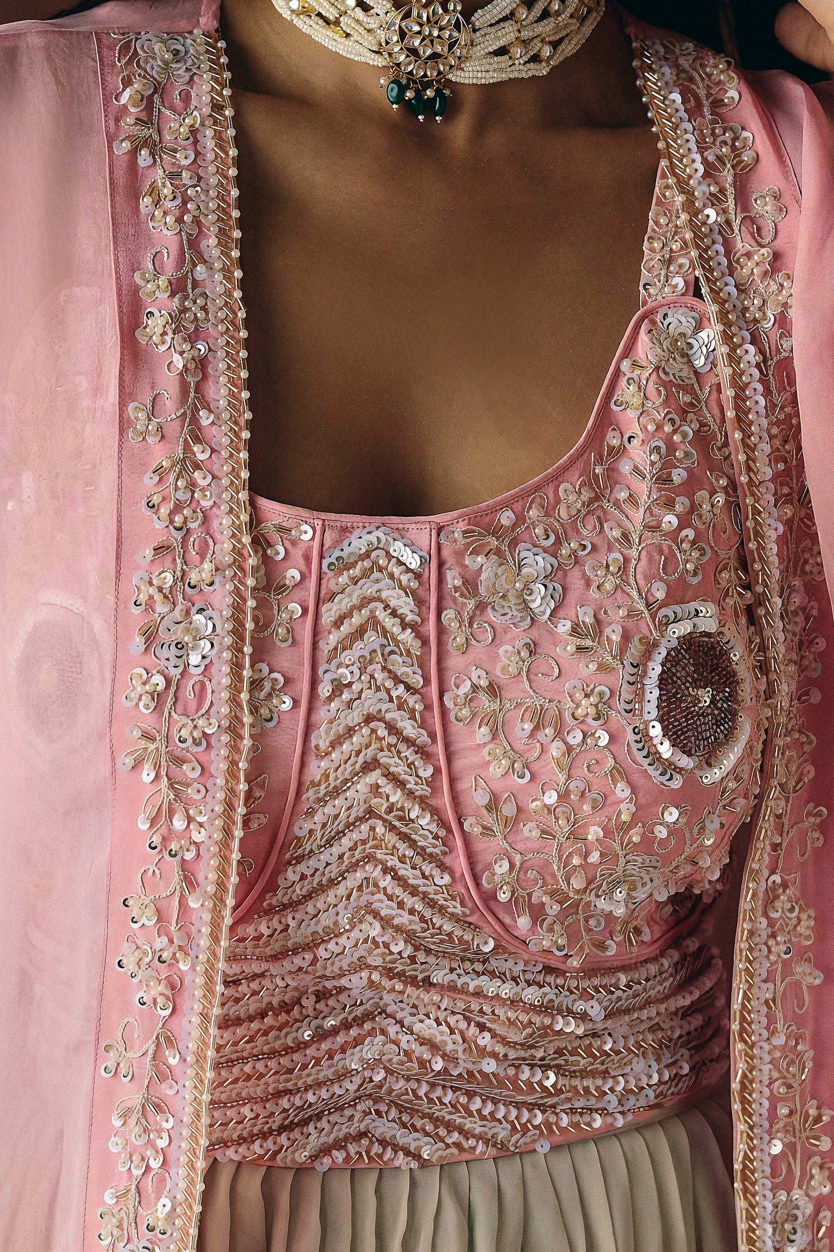 Soft Pink Embellished Georgette Silk Skirt Set - Image 2