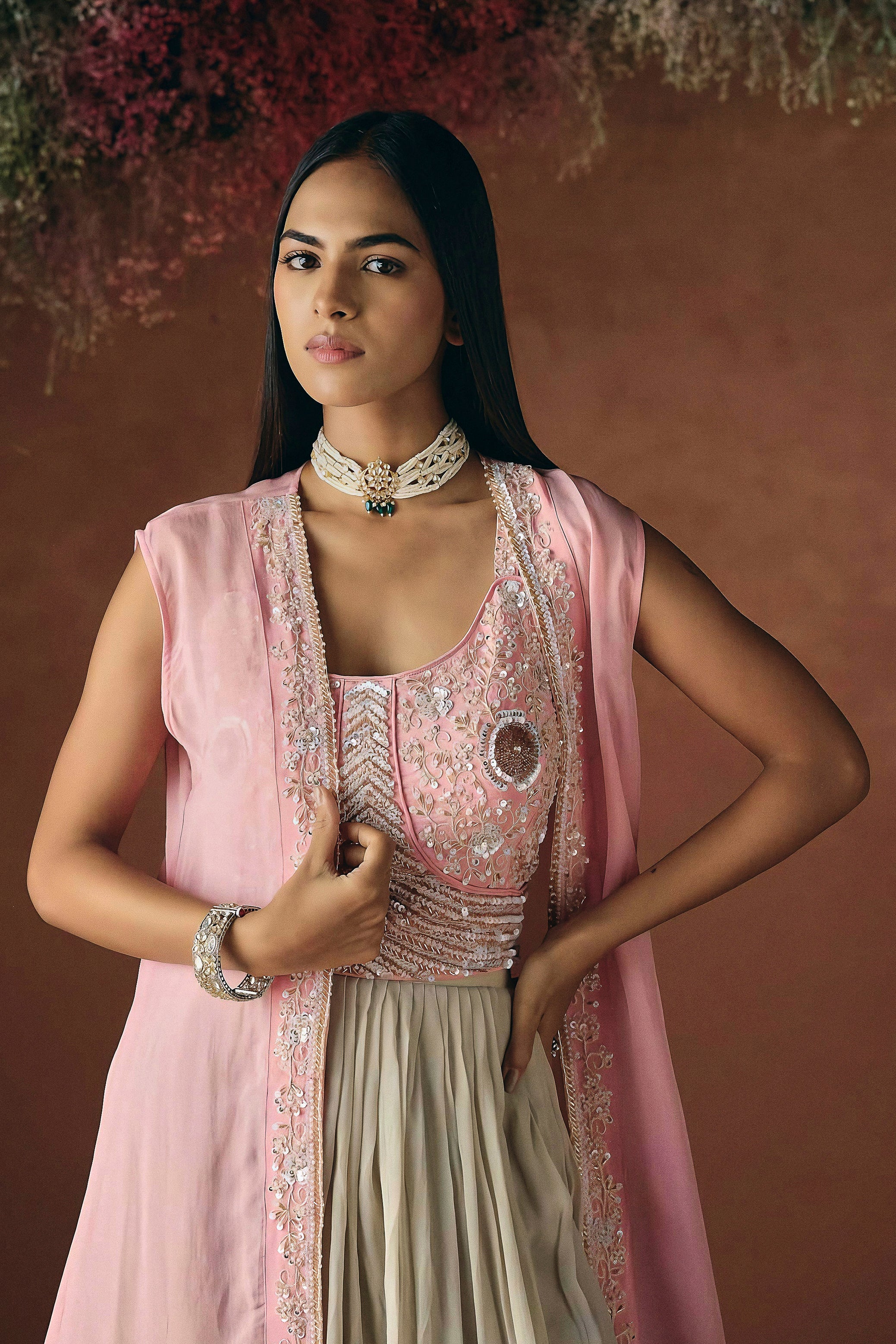 Soft Pink Embellished Georgette Silk Skirt Set - Image 3