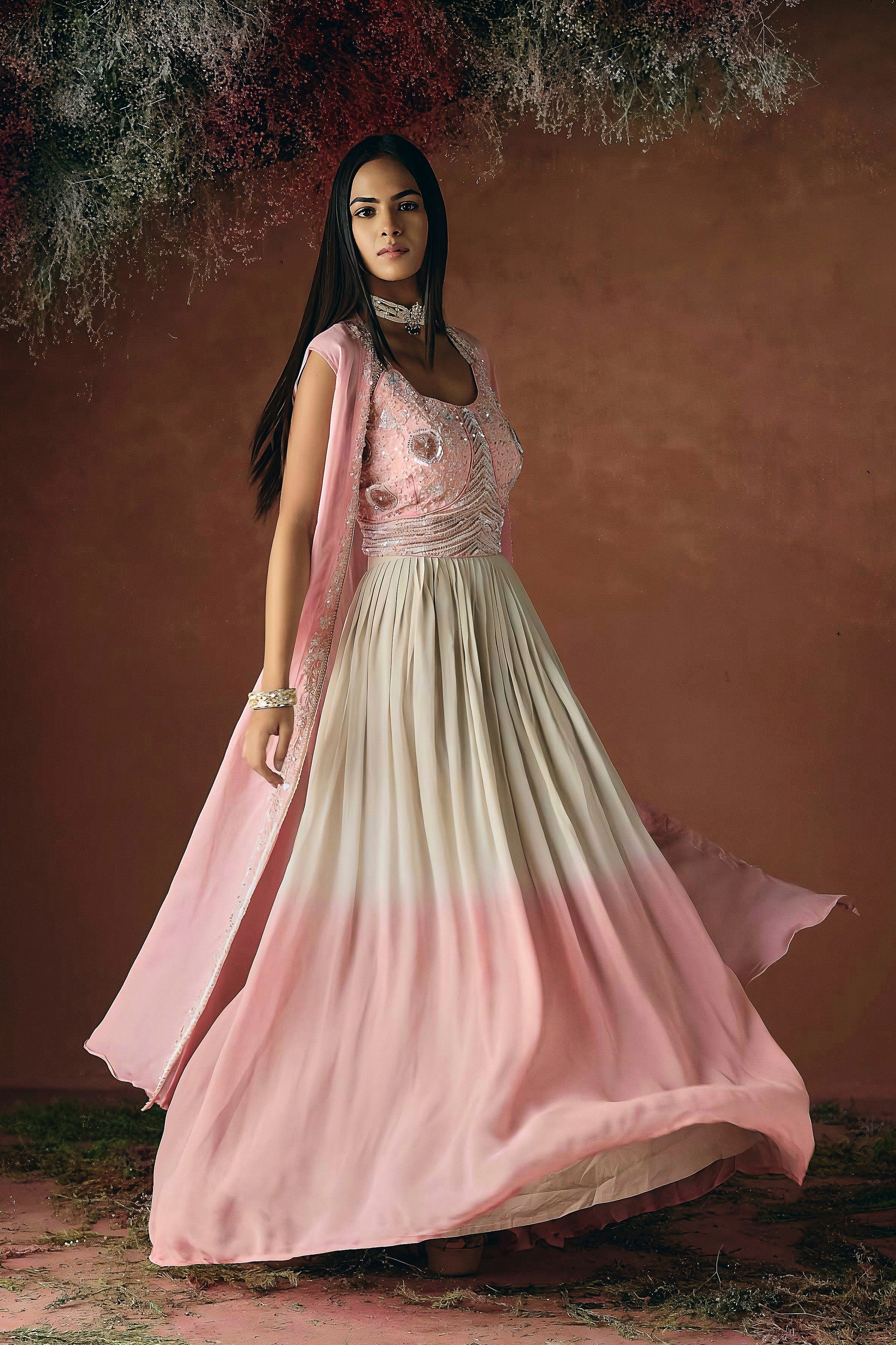 Soft Pink Embellished Georgette Silk Skirt Set - Image 4
