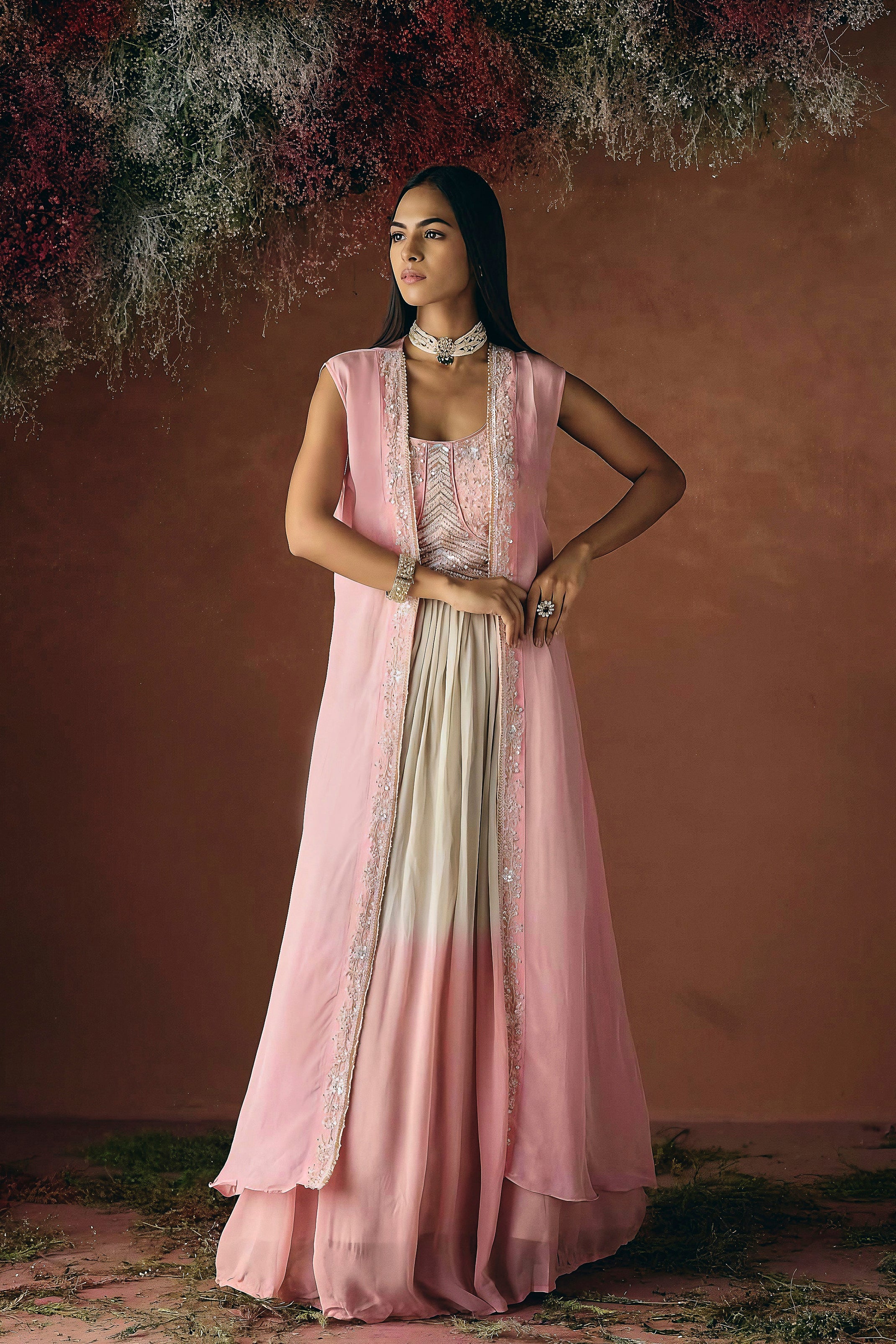 Soft Pink Embellished Georgette Silk Skirt Set - Image 5