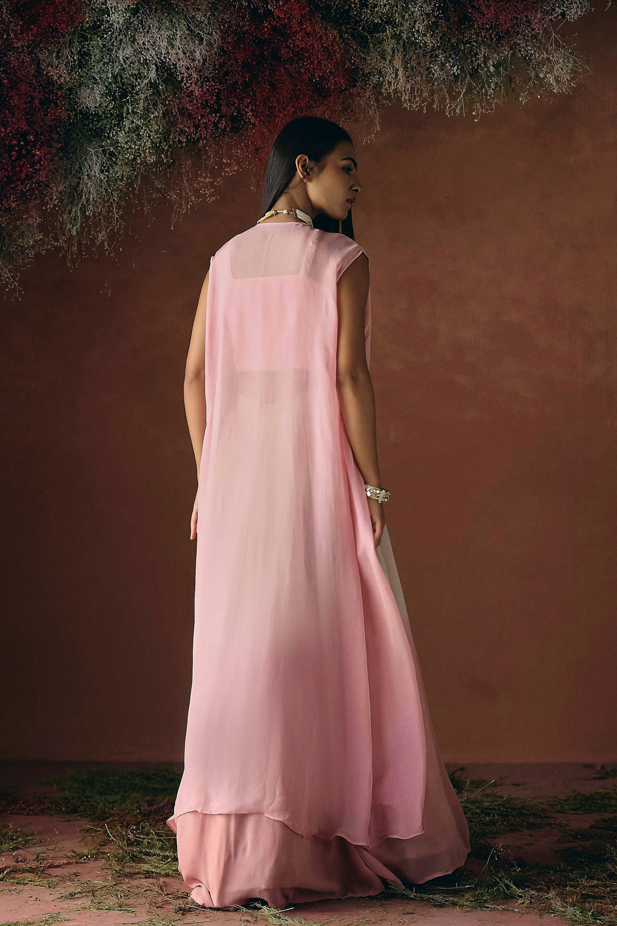 Soft Pink Embellished Georgette Silk Skirt Set - Image 6
