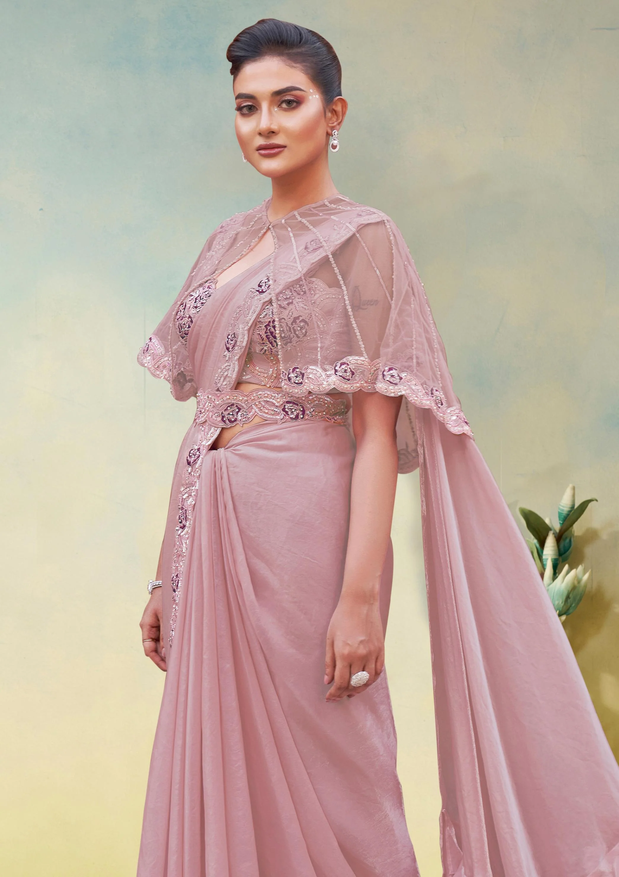 Soft Pink Embellished Satin Silk Draped Saree - Image 2