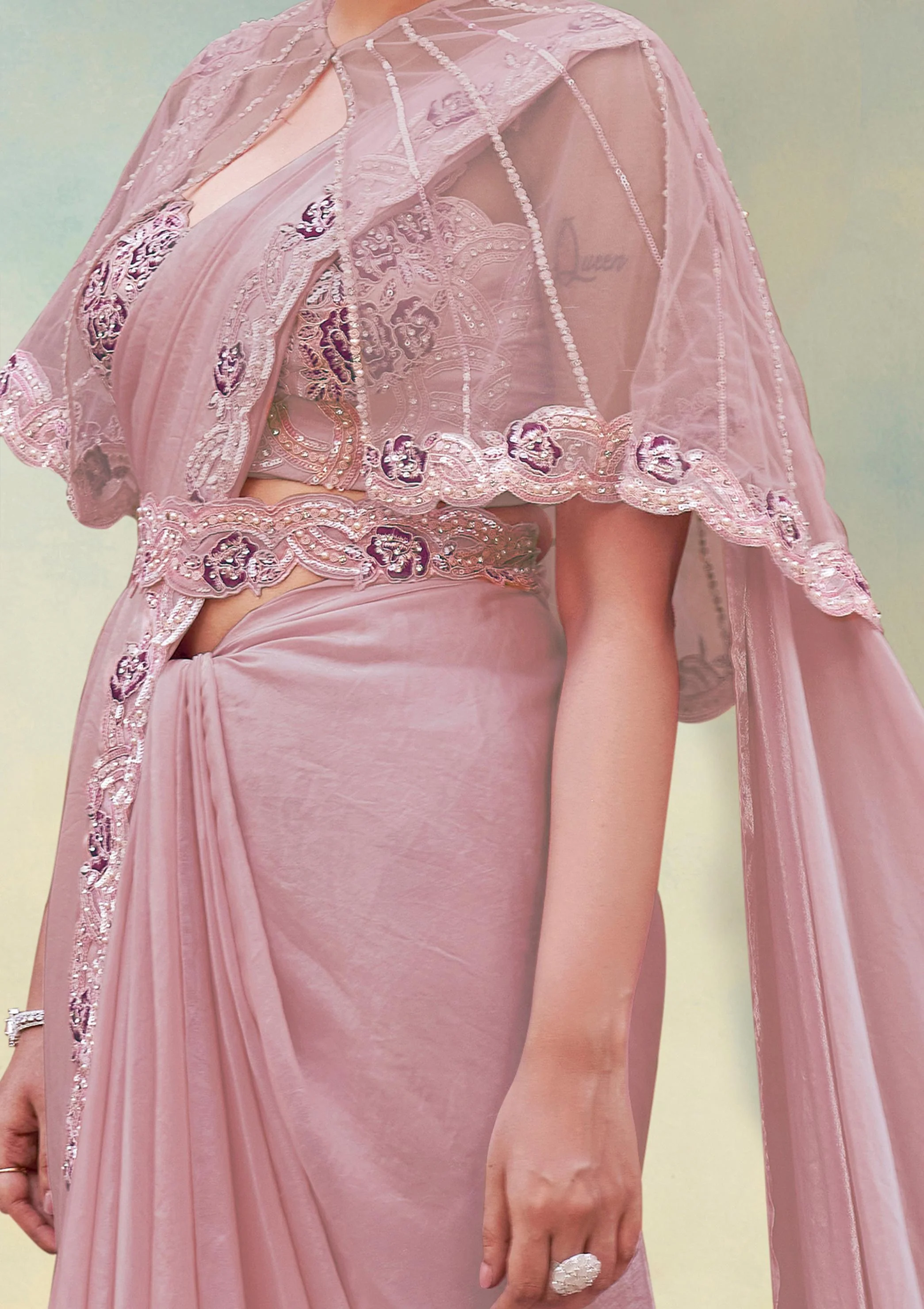 Soft Pink Embellished Satin Silk Draped Saree - Image 3