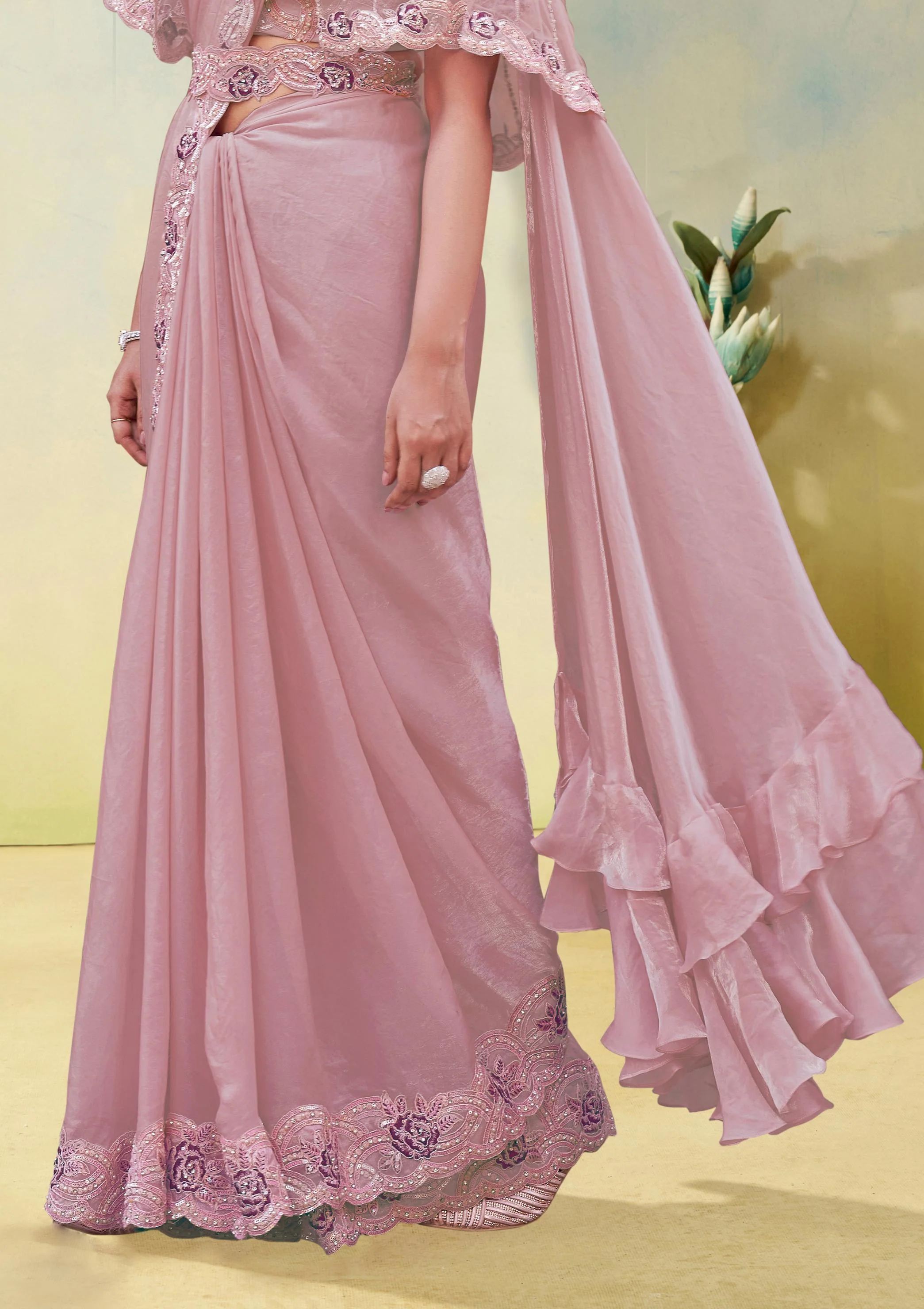Soft Pink Embellished Satin Silk Draped Saree - Image 4