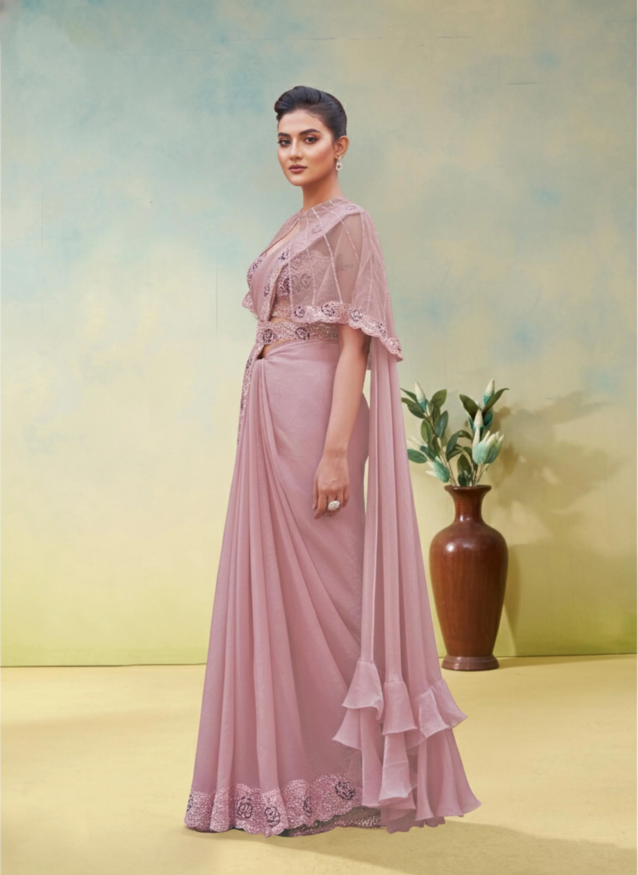 Soft Pink Embellished Satin Silk Draped Saree - Image 5