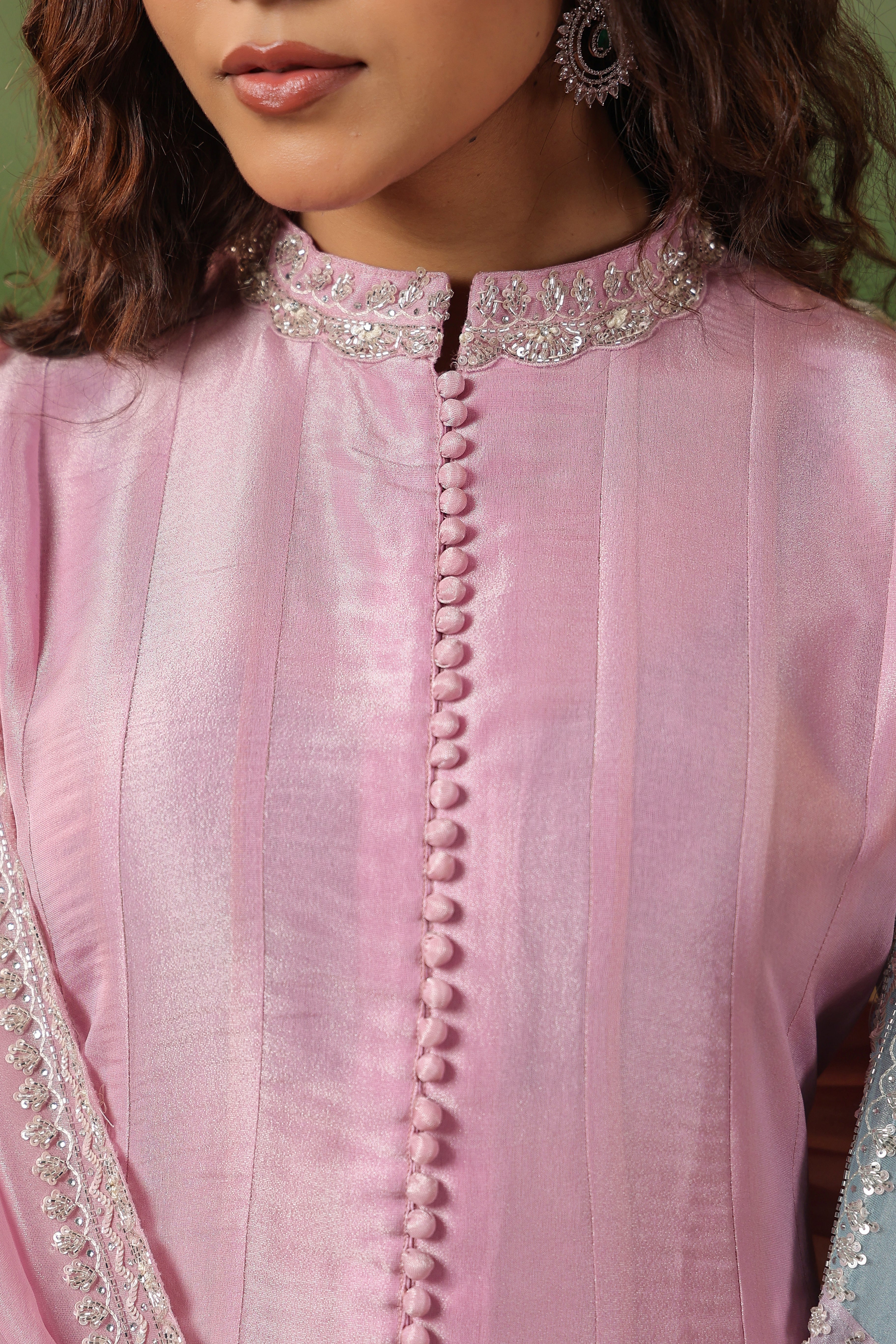 Pastel Pink Embellished Tissue Silk Pant Set - Image 2