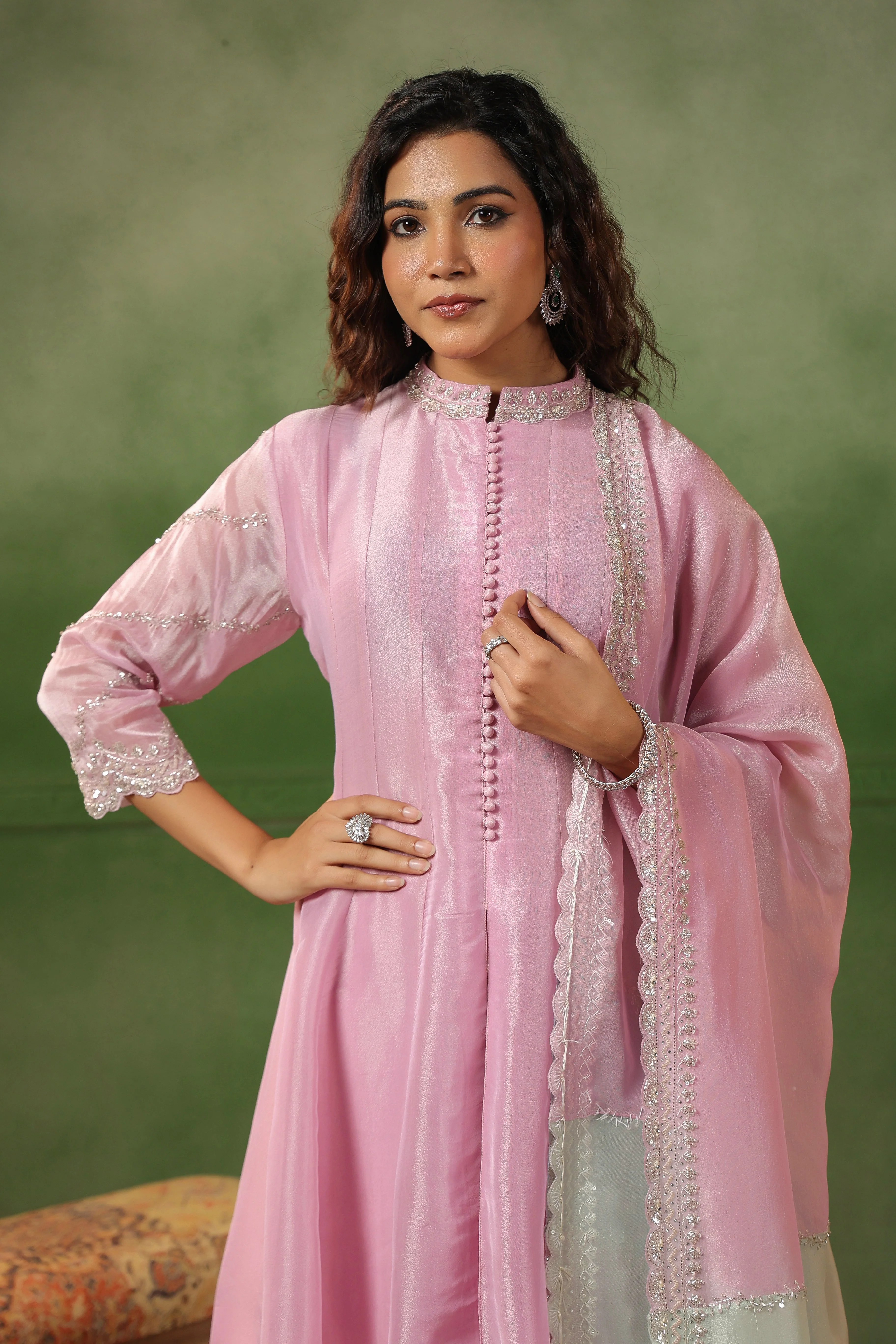 Pastel Pink Embellished Tissue Silk Pant Set - Image 3