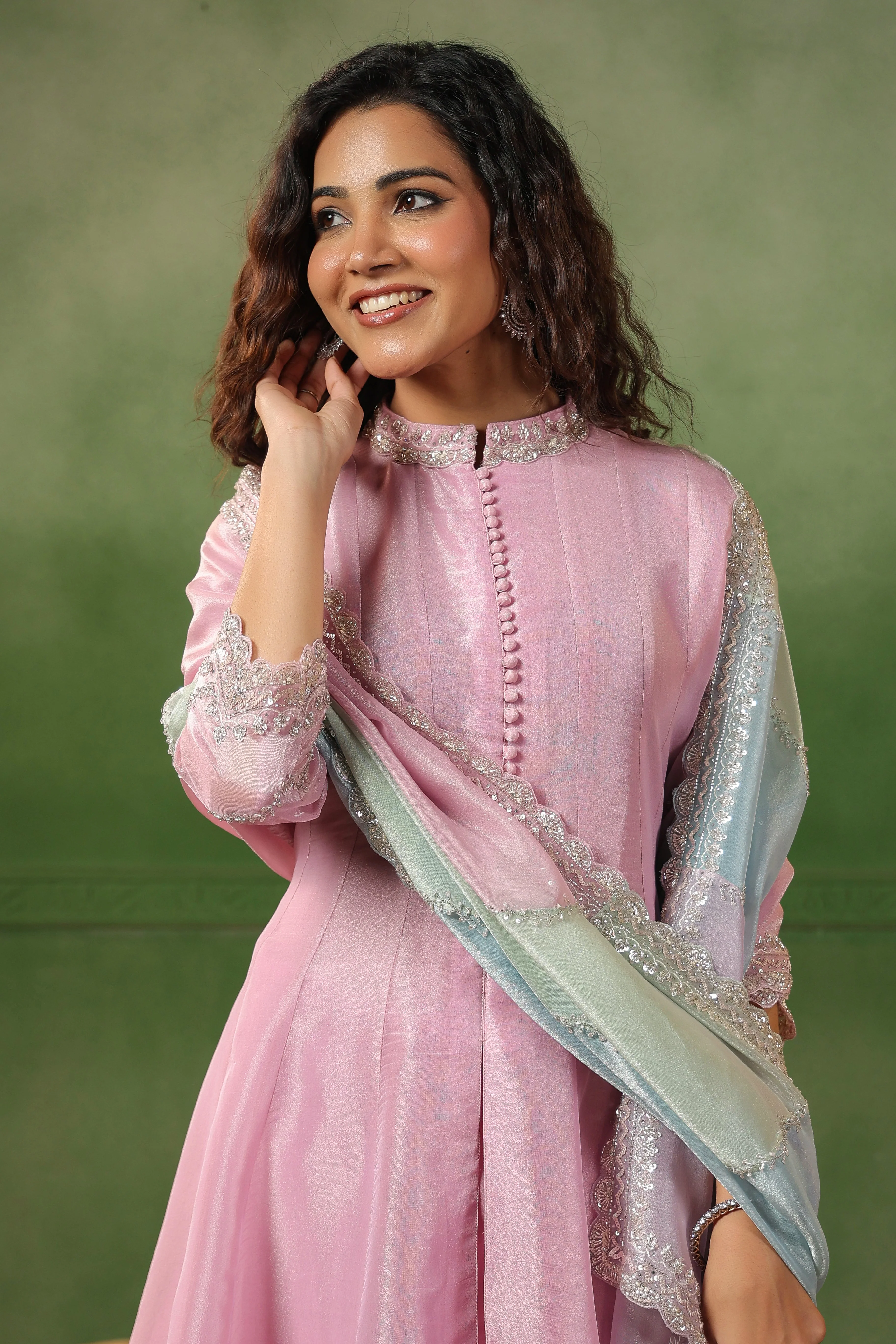 Pastel Pink Embellished Tissue Silk Pant Set - Image 4