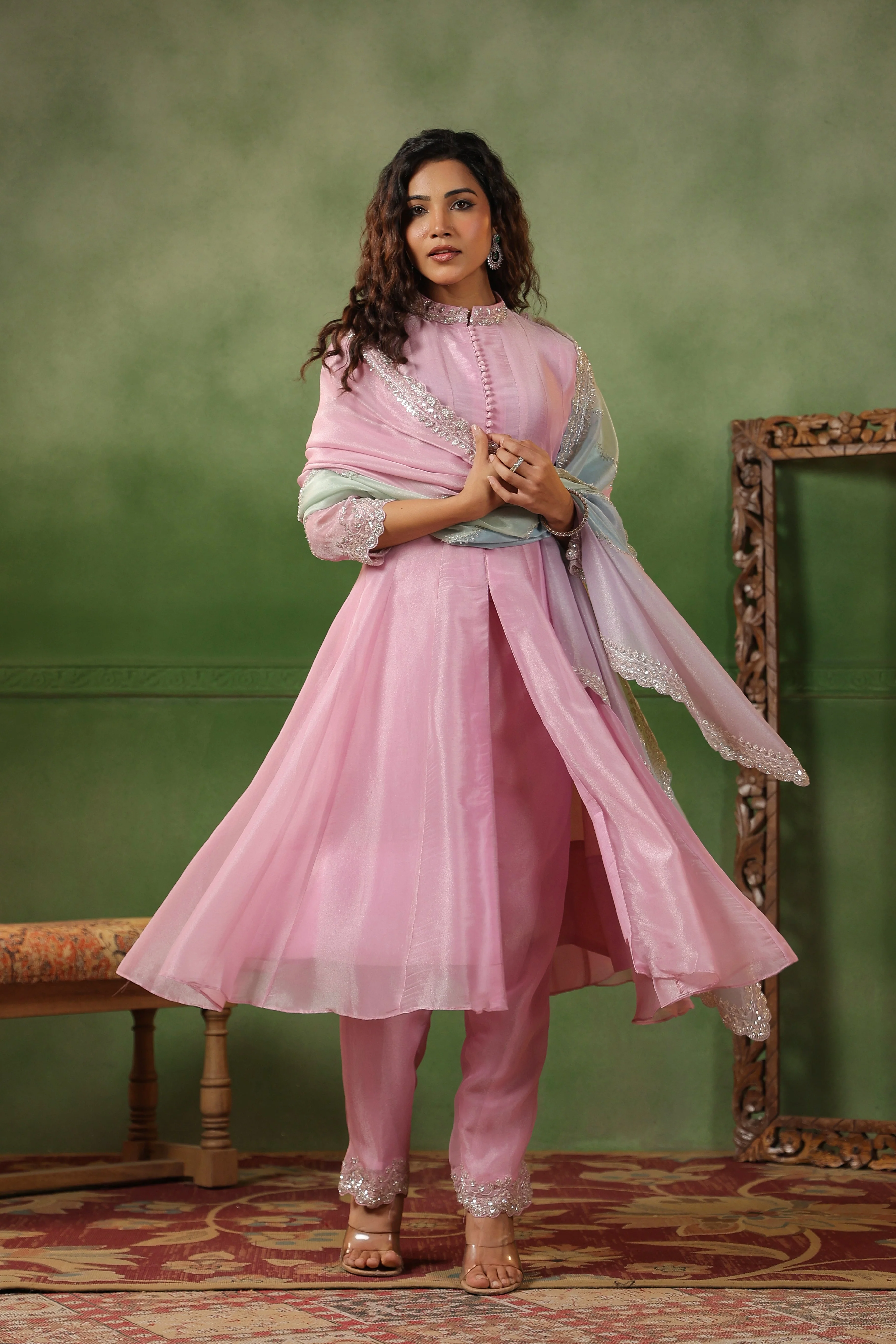 Pastel Pink Embellished Tissue Silk Pant Set - Image 6