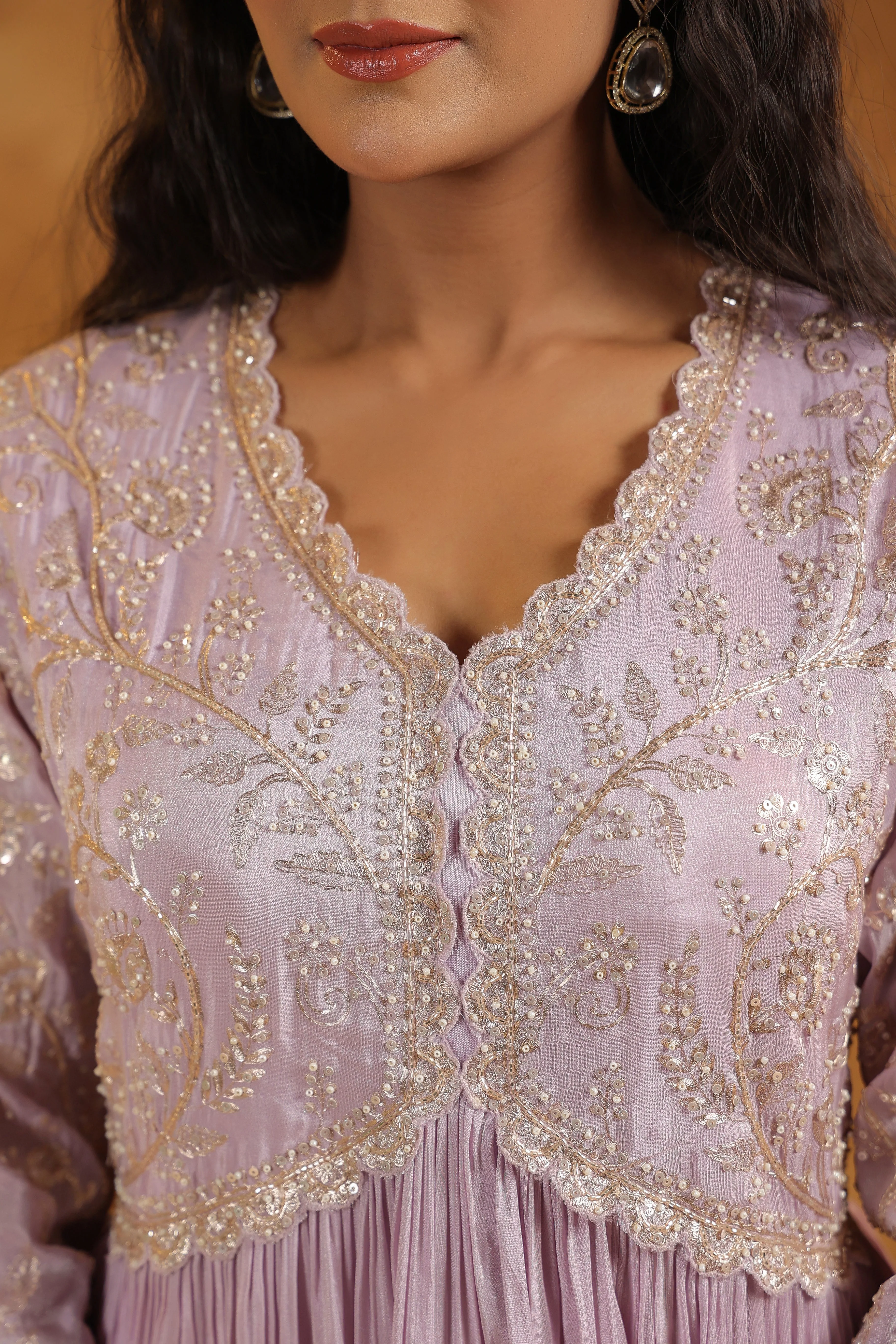 Light Lavender Embellished Tissue Silk Anarkali Set - Image 2