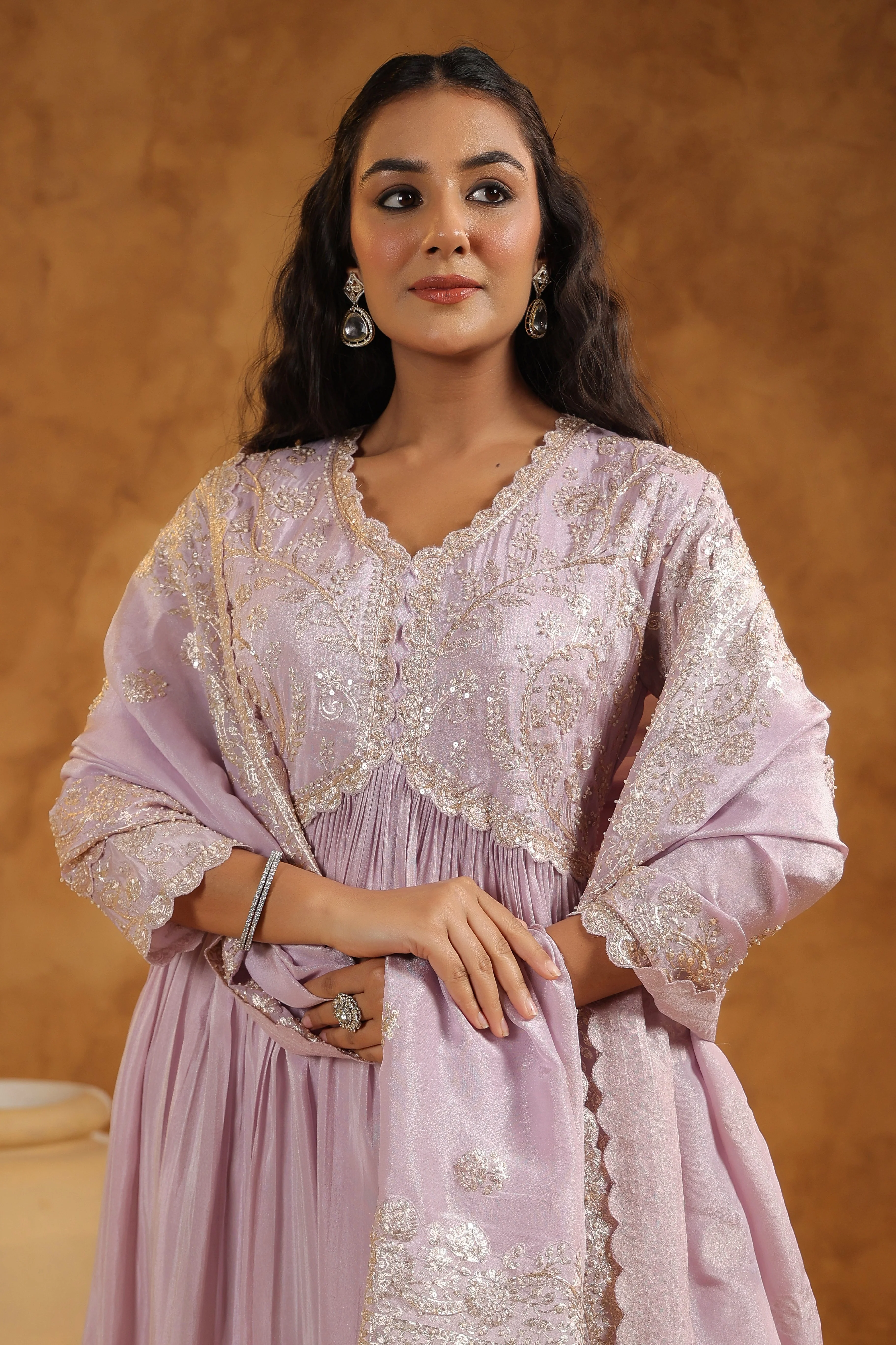 Light Lavender Embellished Tissue Silk Anarkali Set - Image 3