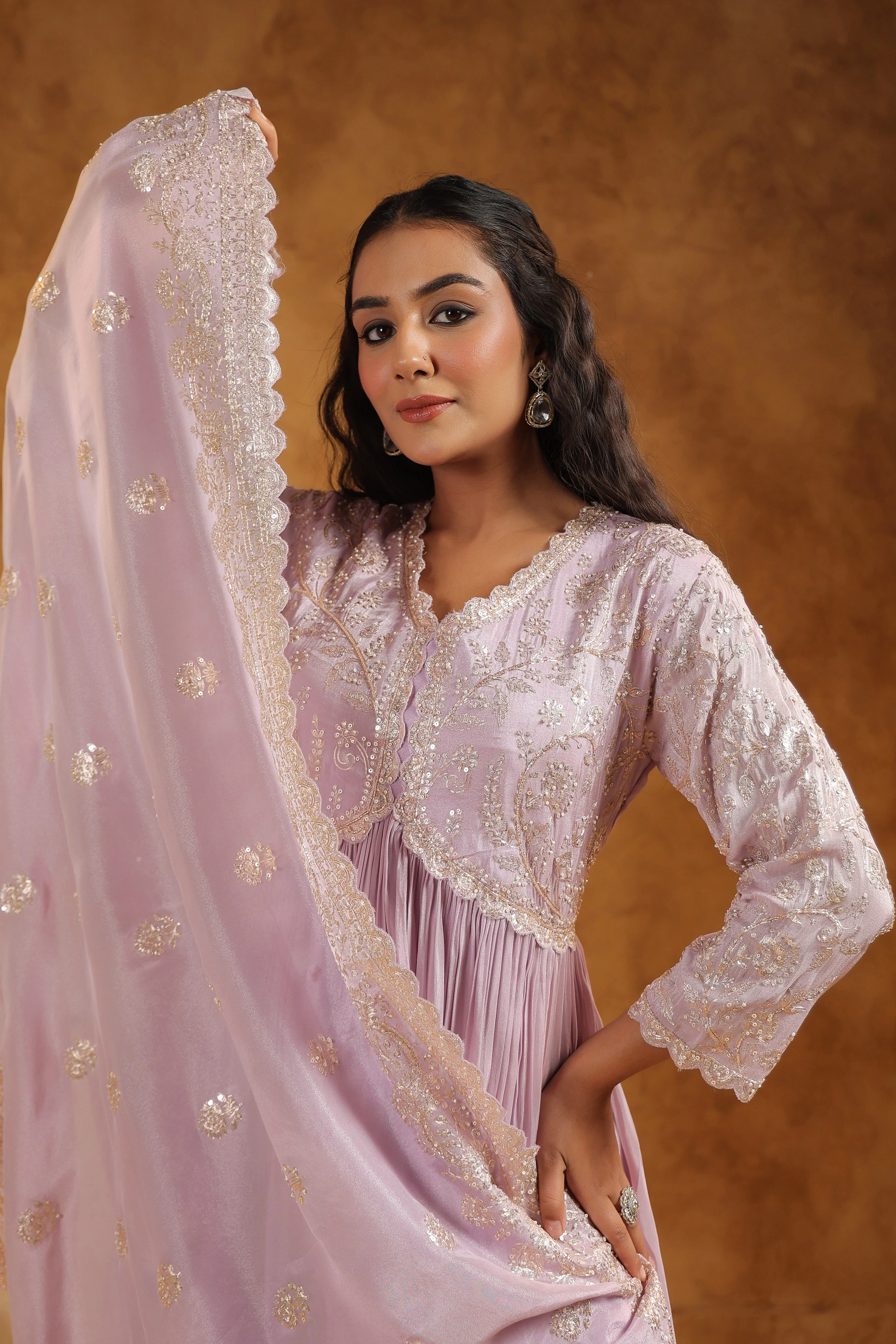 Light Lavender Embellished Tissue Silk Anarkali Set - Image 4
