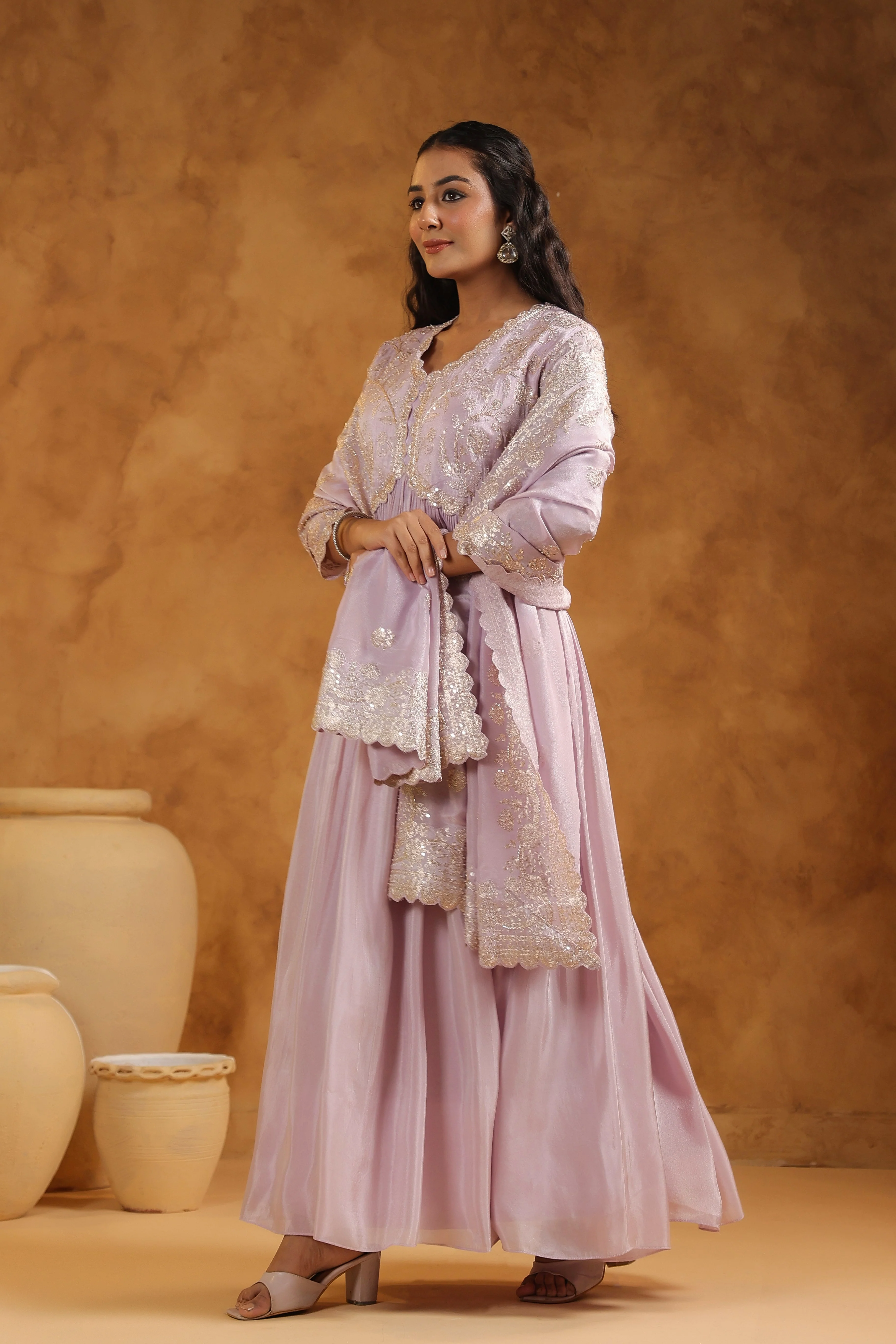 Light Lavender Embellished Tissue Silk Anarkali Set - Image 5