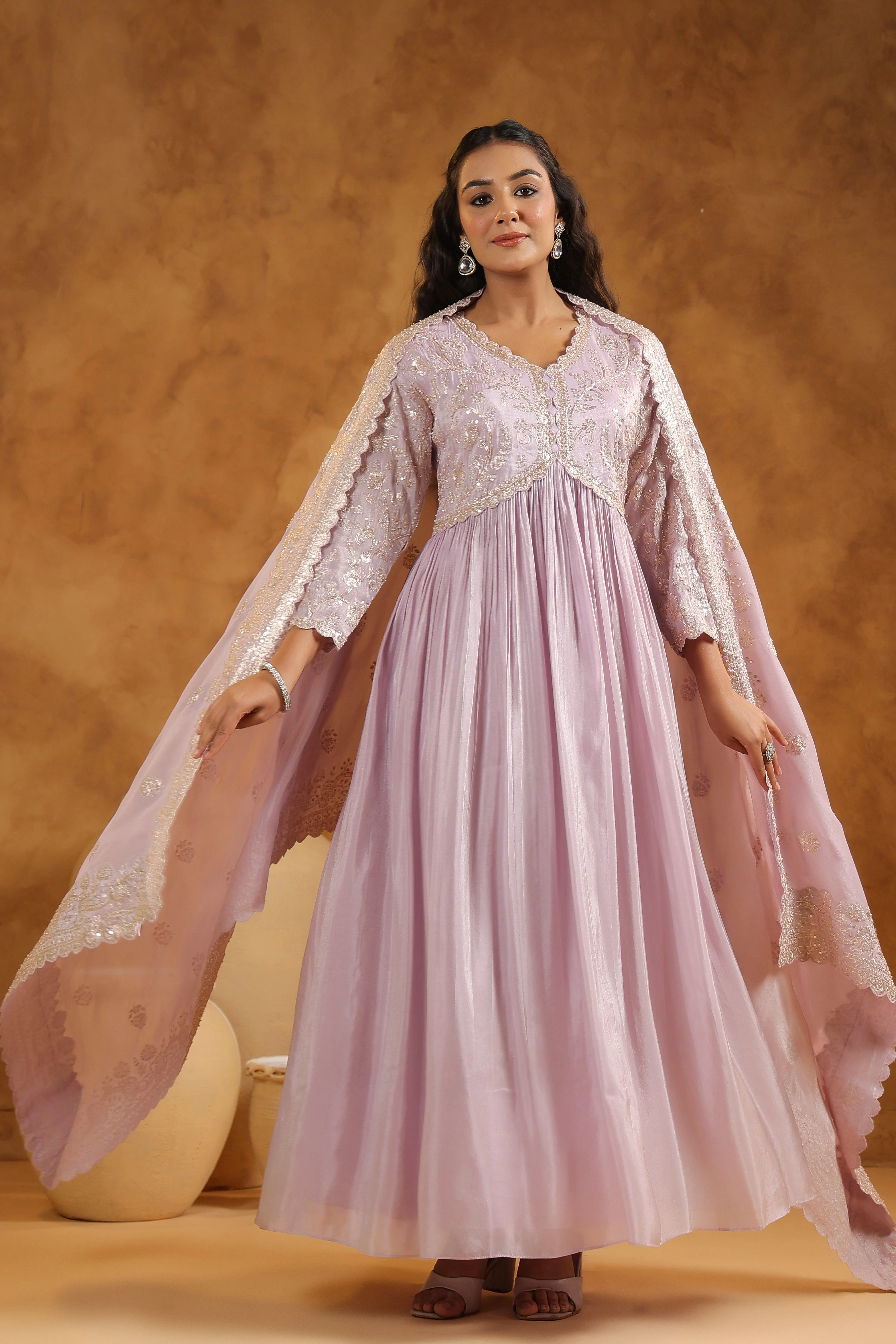 Light Lavender Embellished Tissue Silk Anarkali Set - Image 6