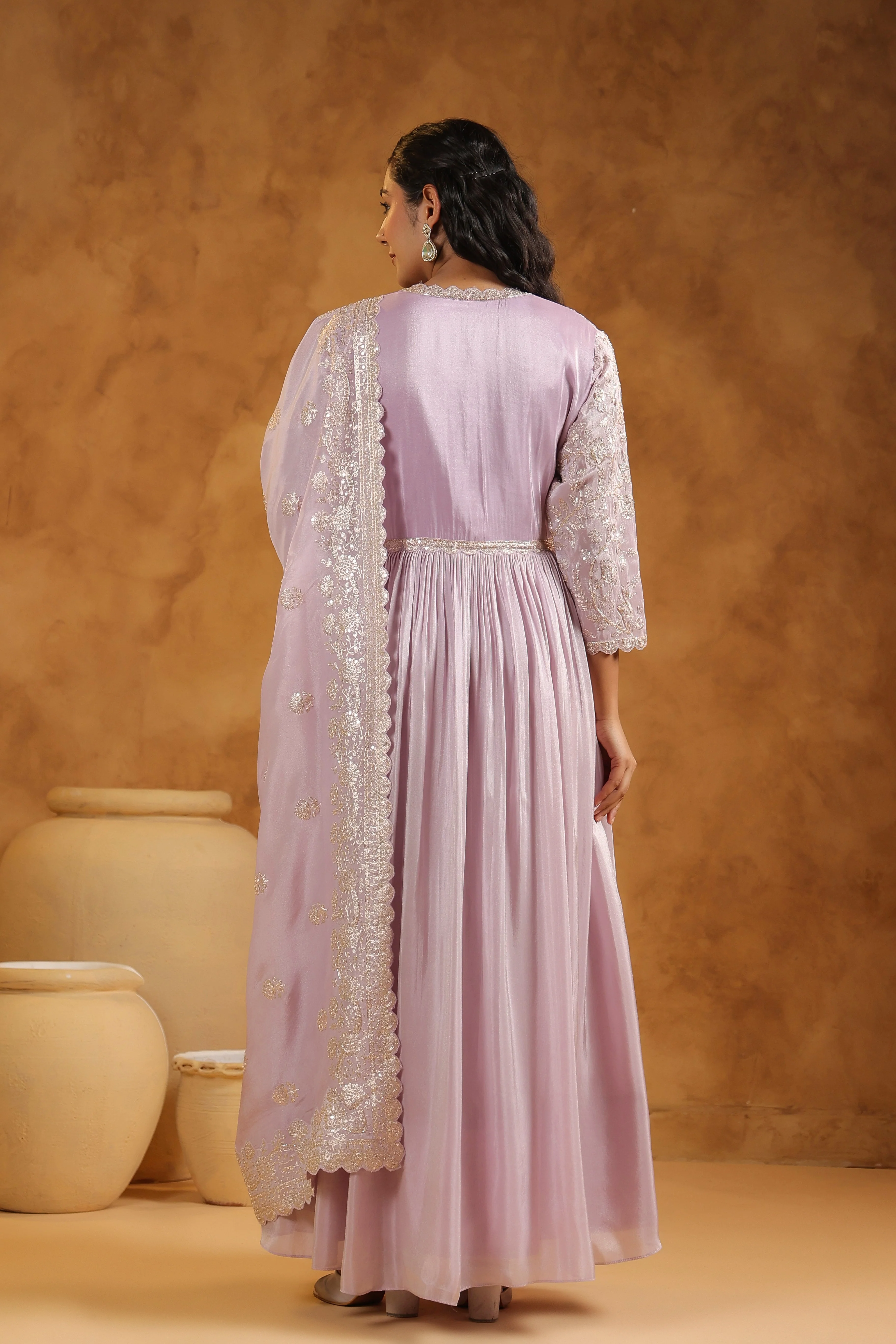 Light Lavender Embellished Tissue Silk Anarkali Set - Image 7