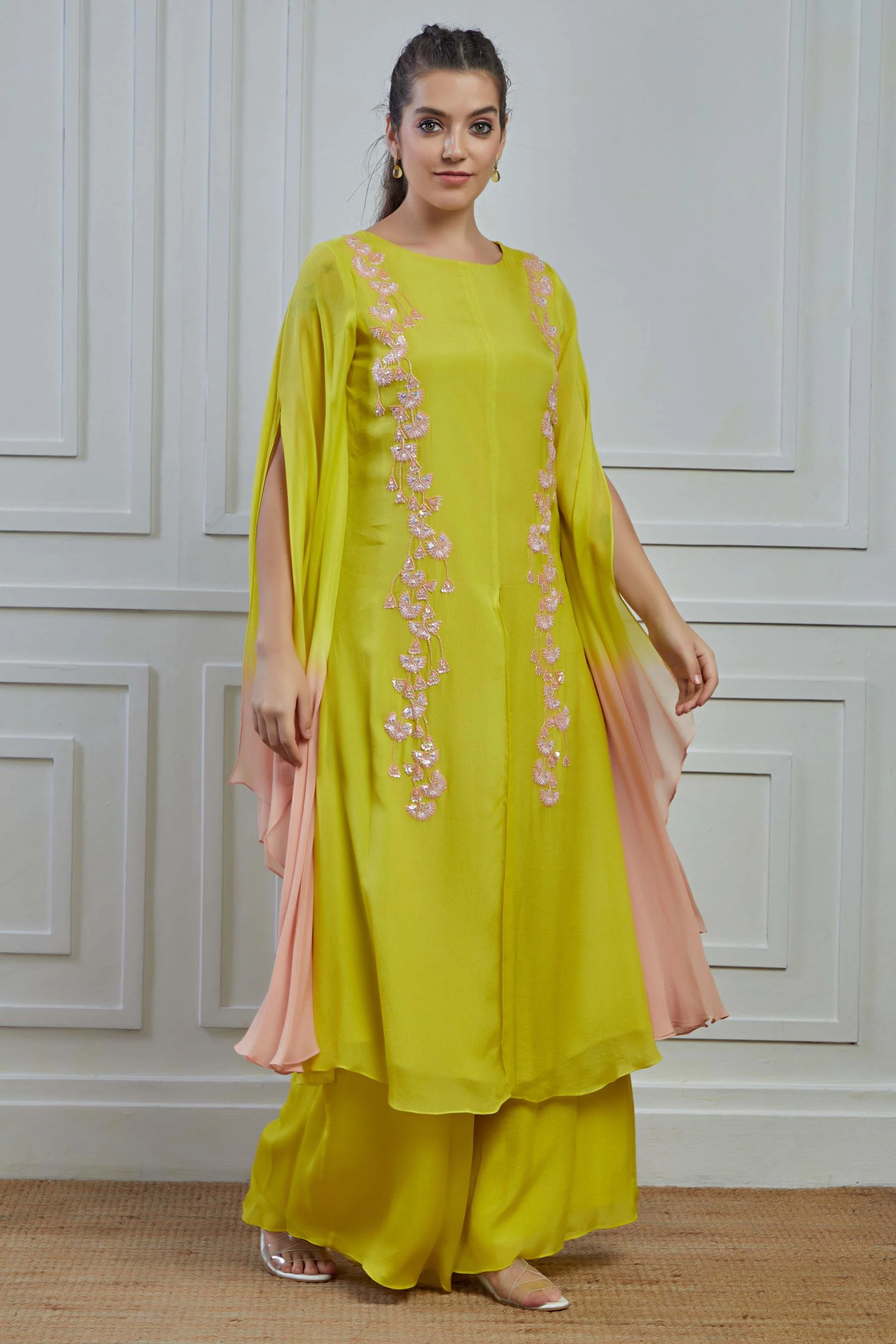 Pear Green Ombre-Dyed Crepe Silk Kaftan Palazzo Set - Image 3
