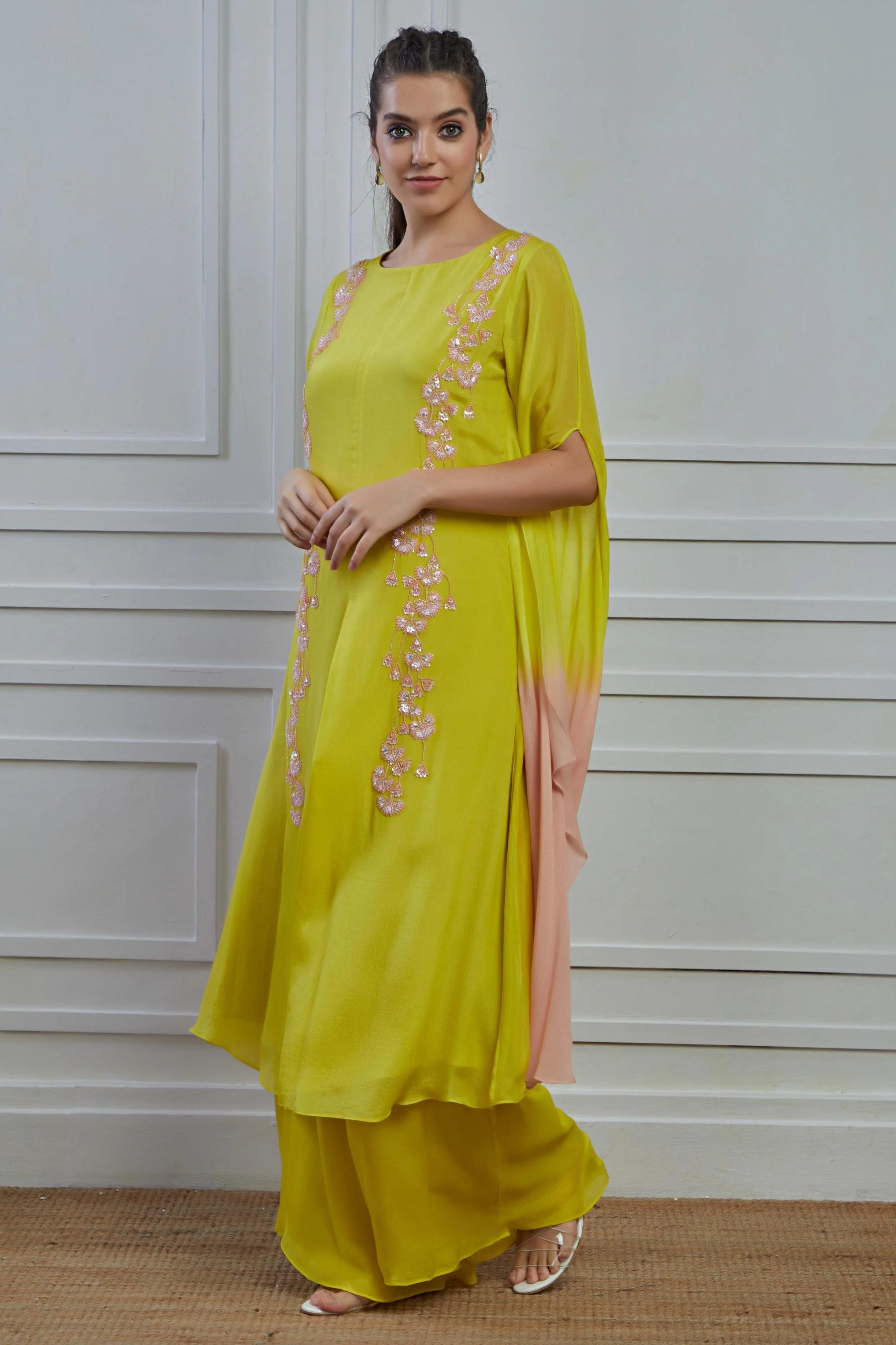 Pear Green Ombre-Dyed Crepe Silk Kaftan Palazzo Set - Image 4