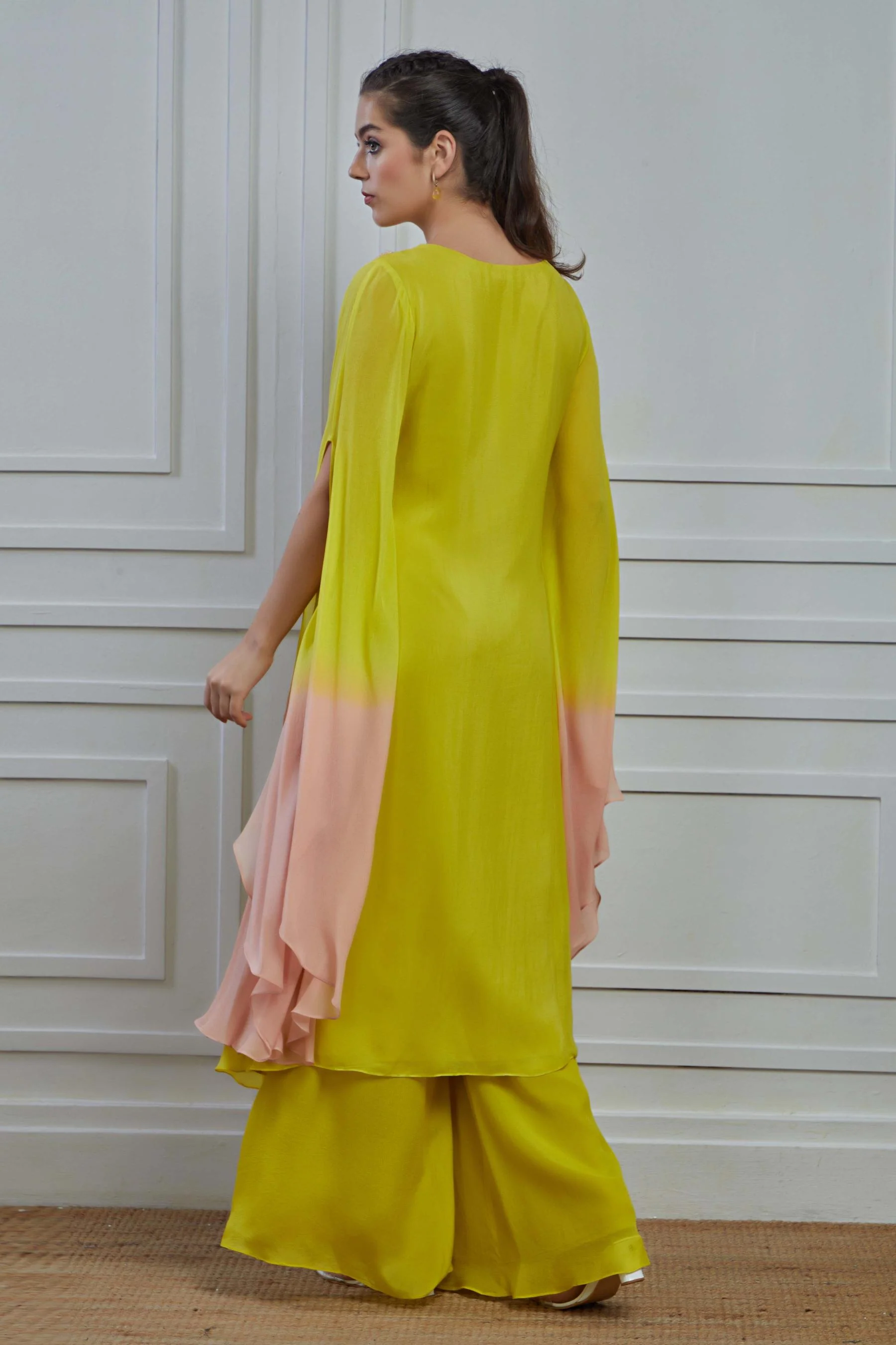 Pear Green Ombre-Dyed Crepe Silk Kaftan Palazzo Set - Image 5