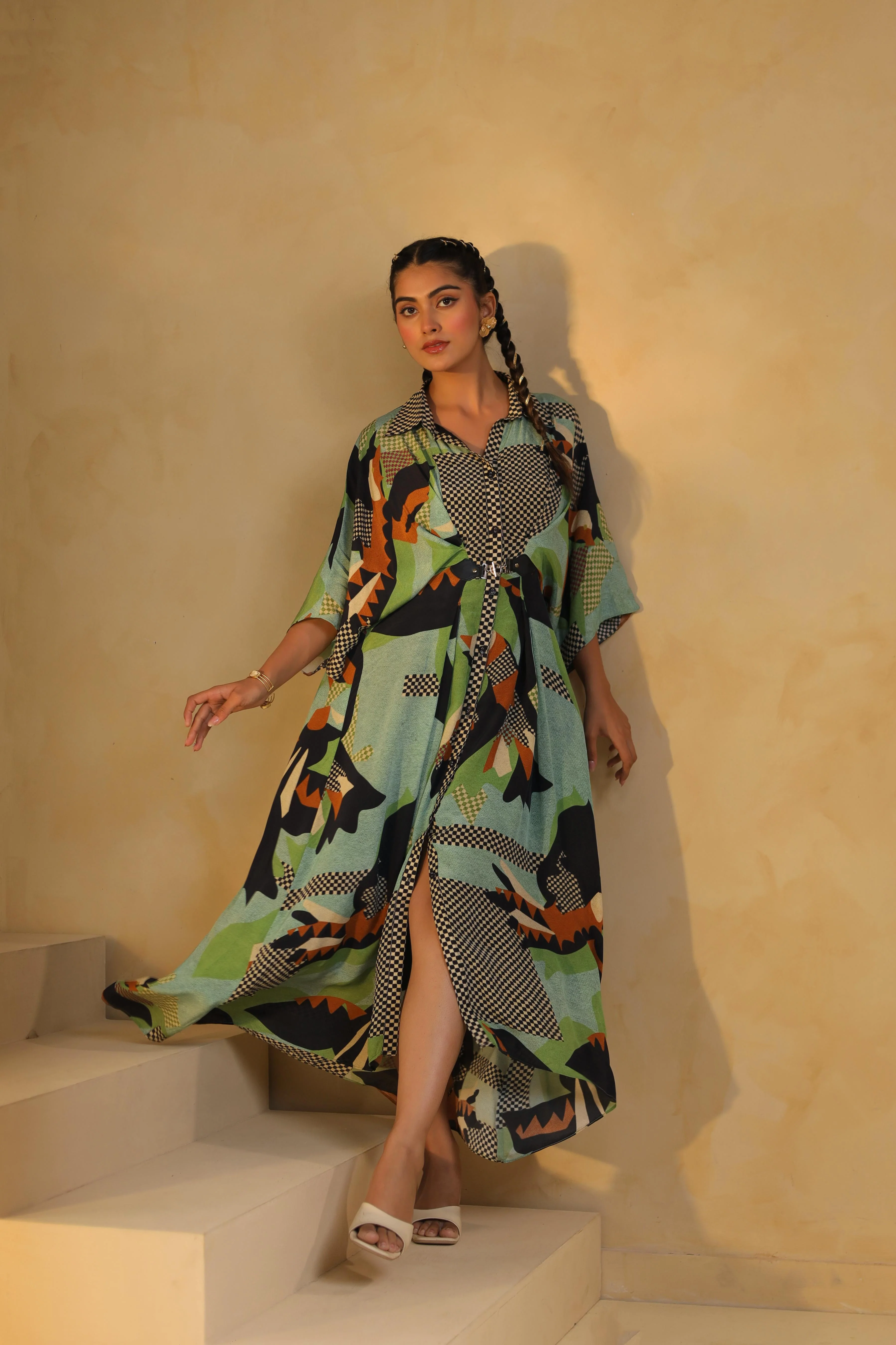 Light Aqua Green Printed Viscose Crepe Dress - Image 3