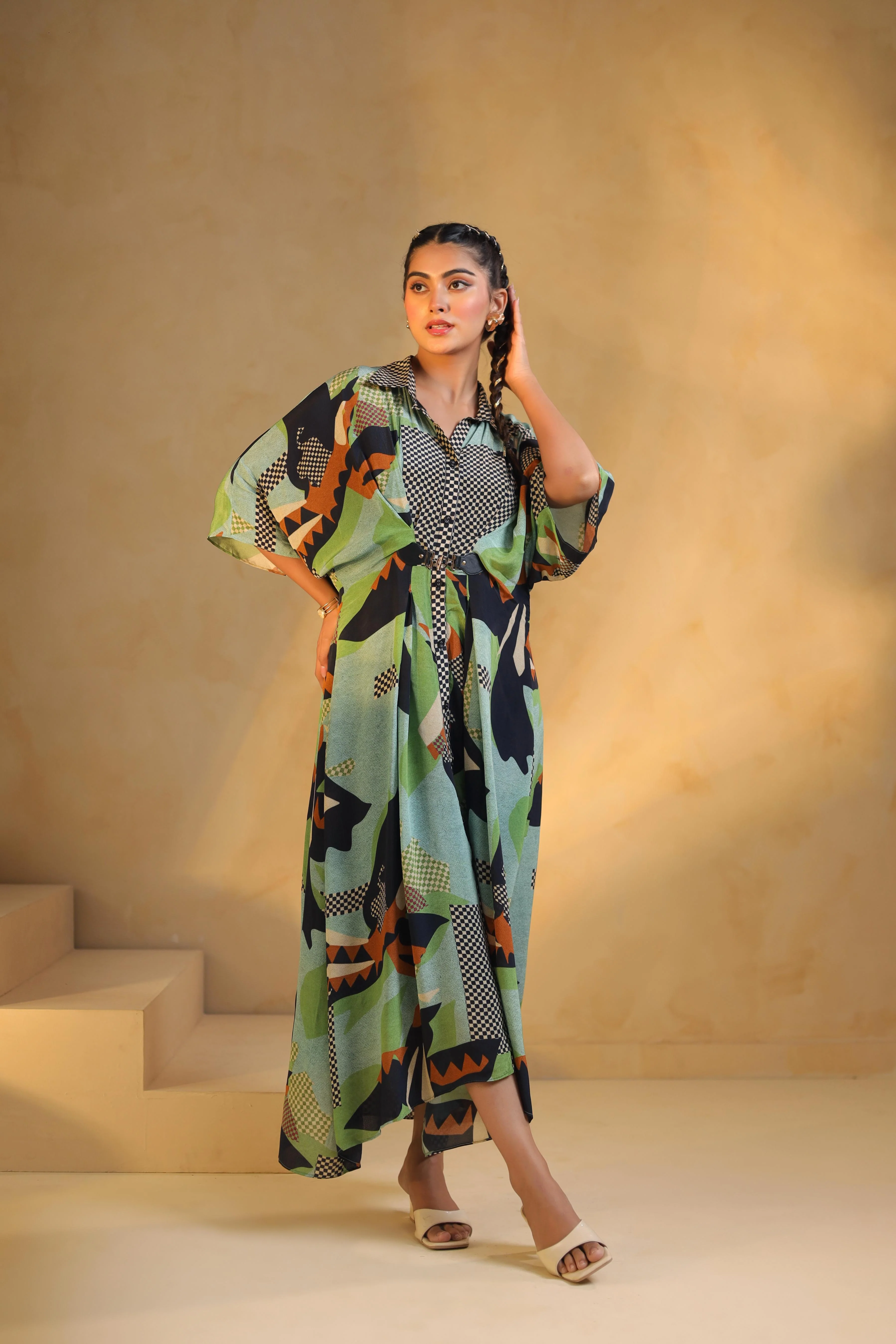 Light Aqua Green Printed Viscose Crepe Dress - Image 4