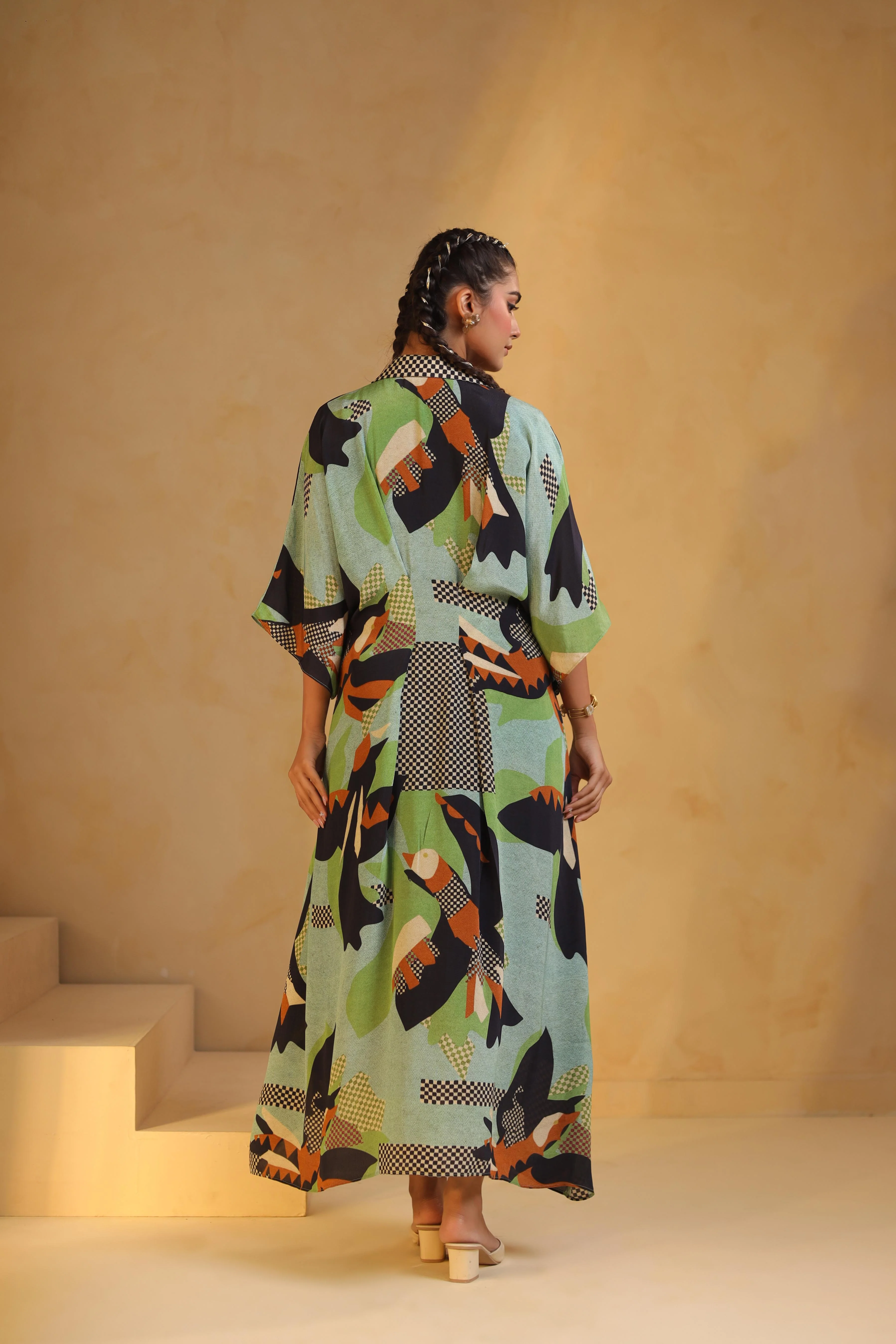 Light Aqua Green Printed Viscose Crepe Dress - Image 5