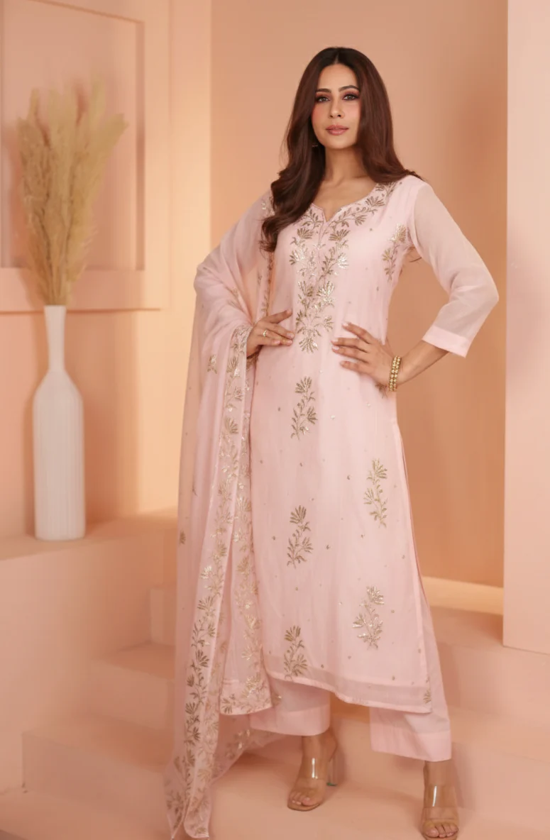 Soft Rose Embroidered Mul-Chanderi Silk Pant Set - Image 3