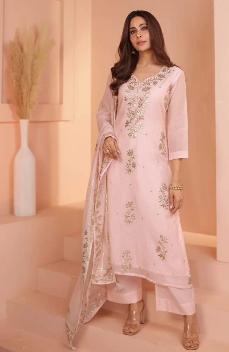 Soft Rose Embroidered Mul-Chanderi Silk Pant Set - Image 4