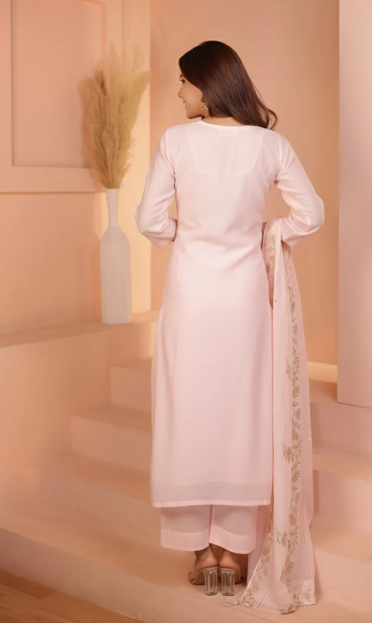 Soft Rose Embroidered Mul-Chanderi Silk Pant Set - Image 5