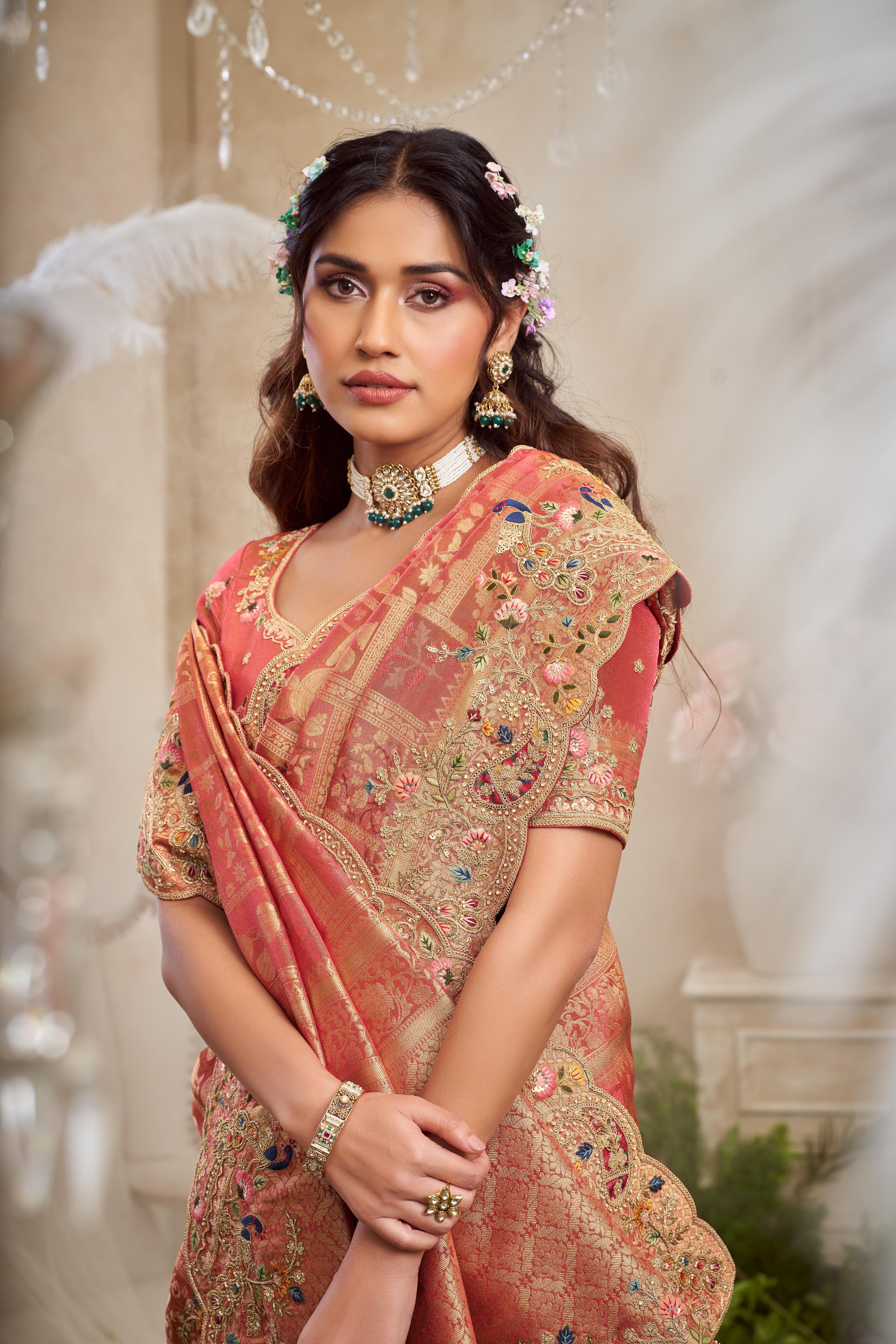 Rust Red Embellished Brocade Silk Saree - Image 2