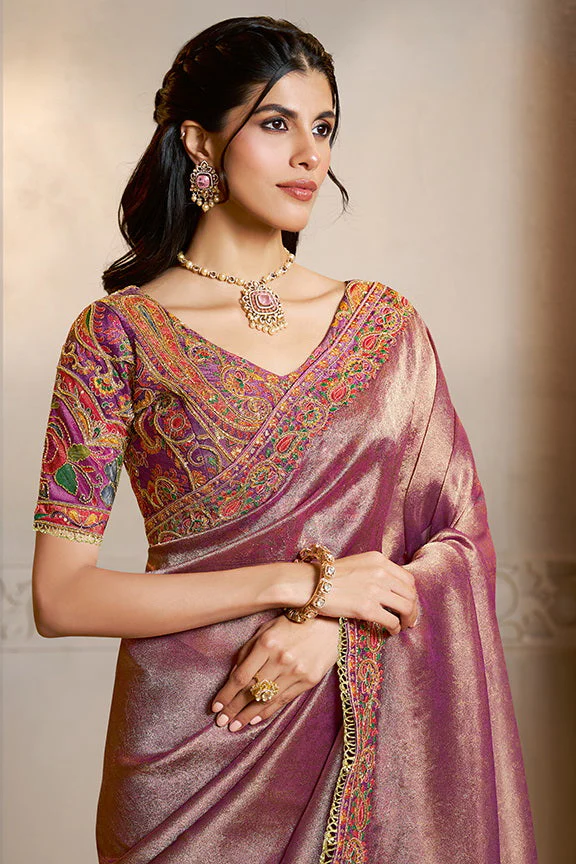 Soft Purple Embroidered jacquard Silk Saree - Image 2