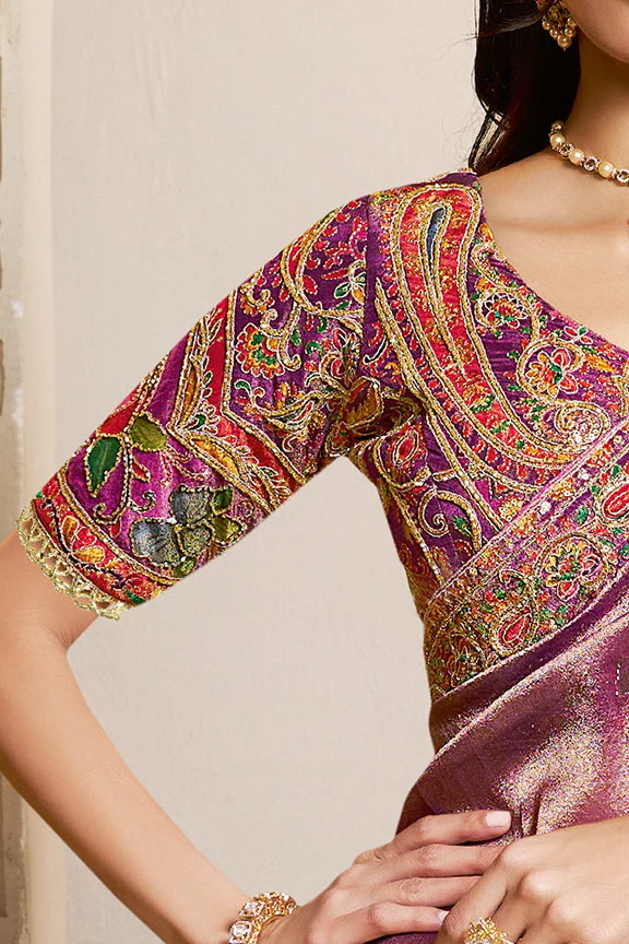 Soft Purple Embroidered jacquard Silk Saree - Image 3