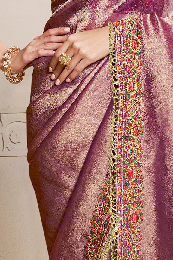 Soft Purple Embroidered jacquard Silk Saree - Image 4