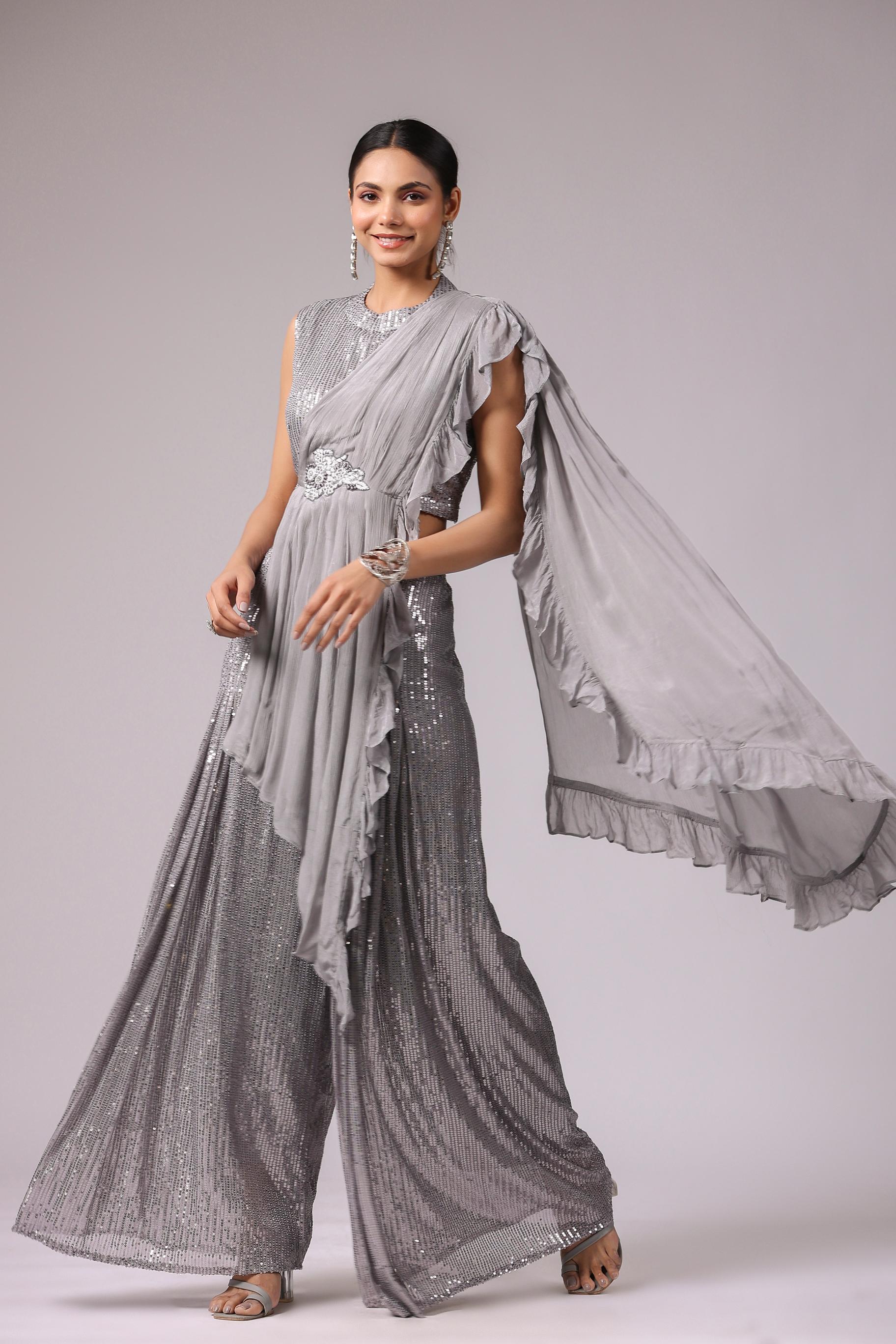 Spanish Grey Embellished Premium Net Tunic & Palazzo Set - Image 3