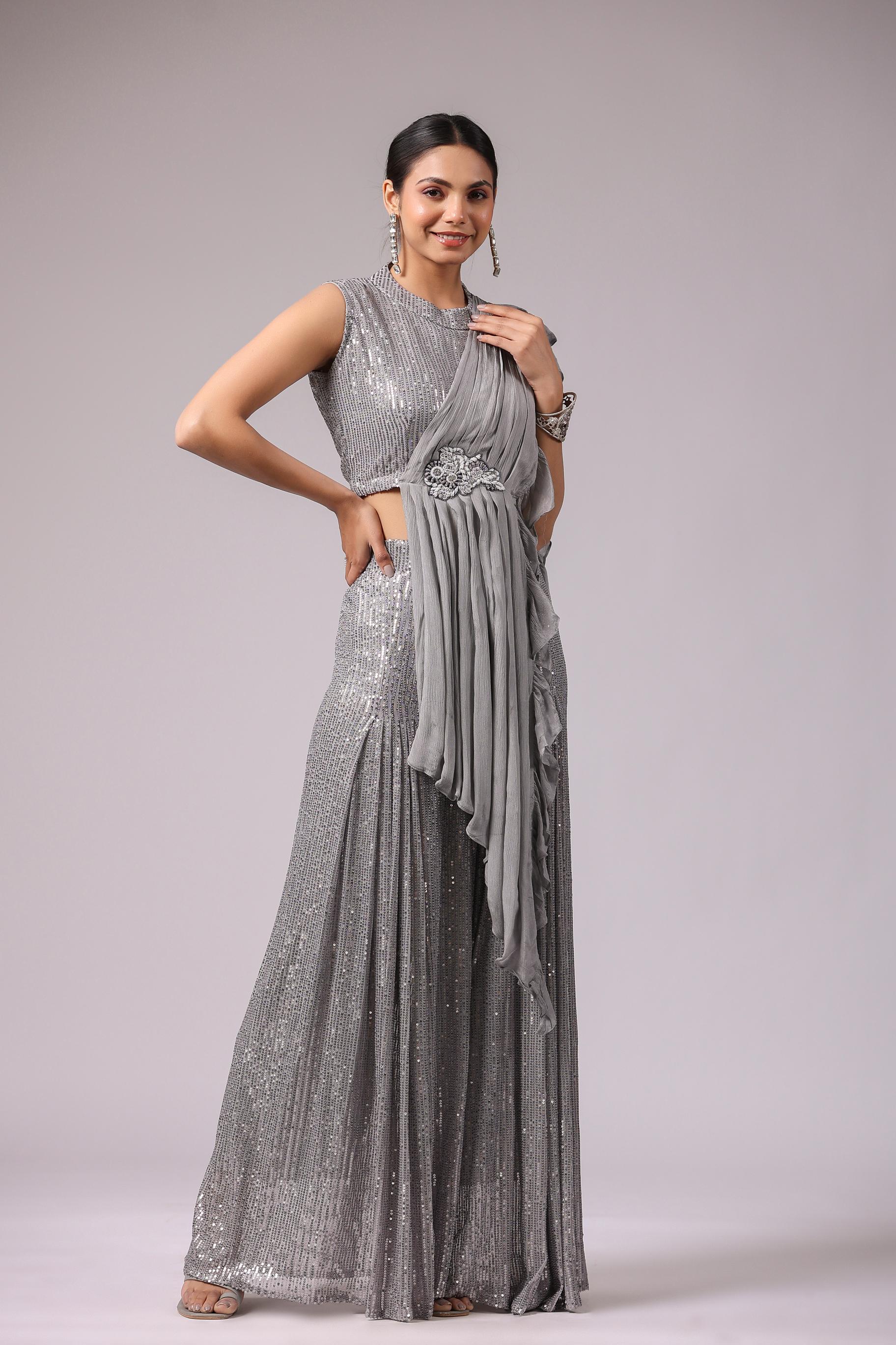 Spanish Grey Embellished Premium Net Tunic & Palazzo Set - Image 4