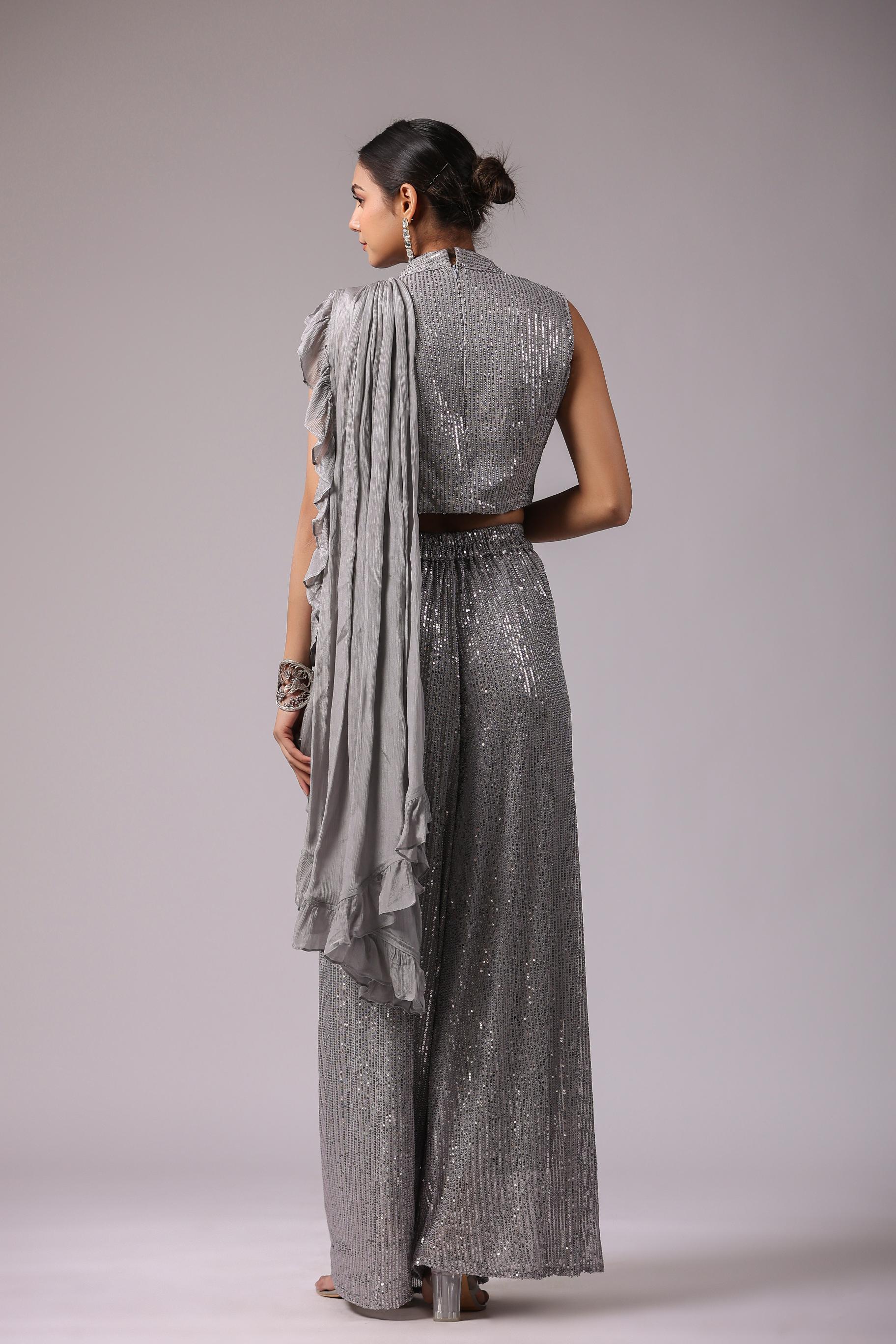 Spanish Grey Embellished Premium Net Tunic & Palazzo Set - Image 5