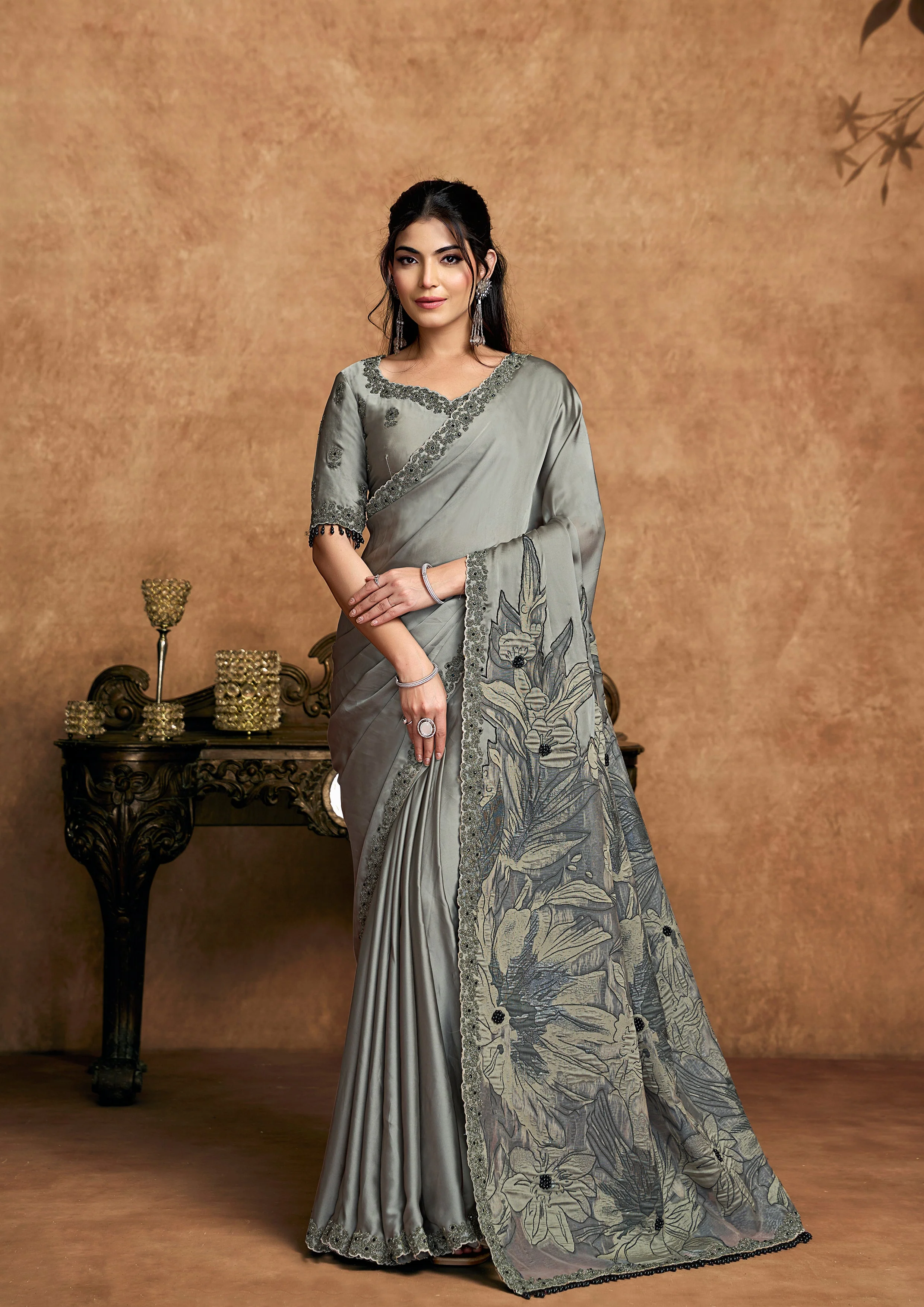Steel Grey Embellished Satin Silk Saree