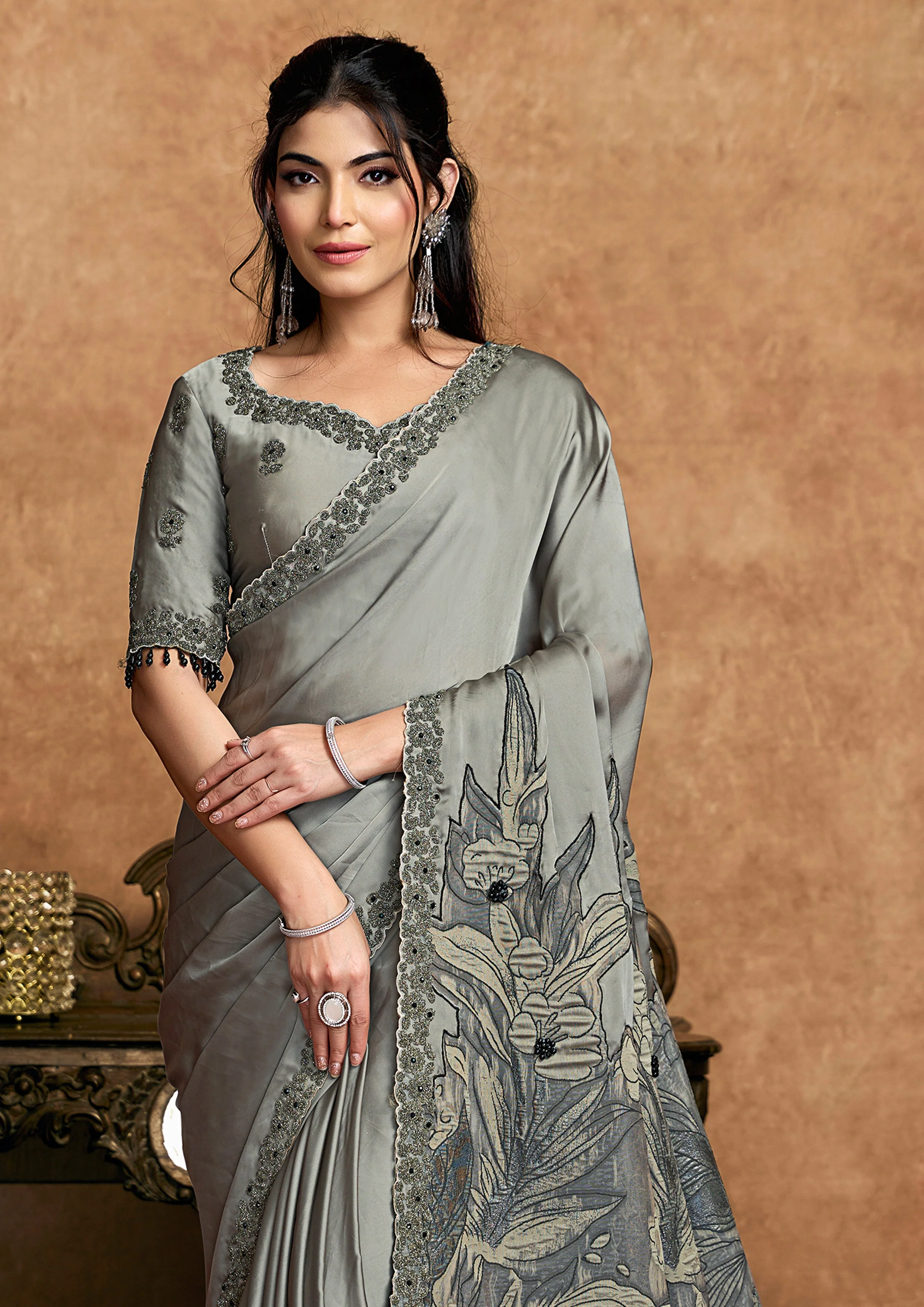 Steel Grey Embellished Satin Silk Saree - Image 2