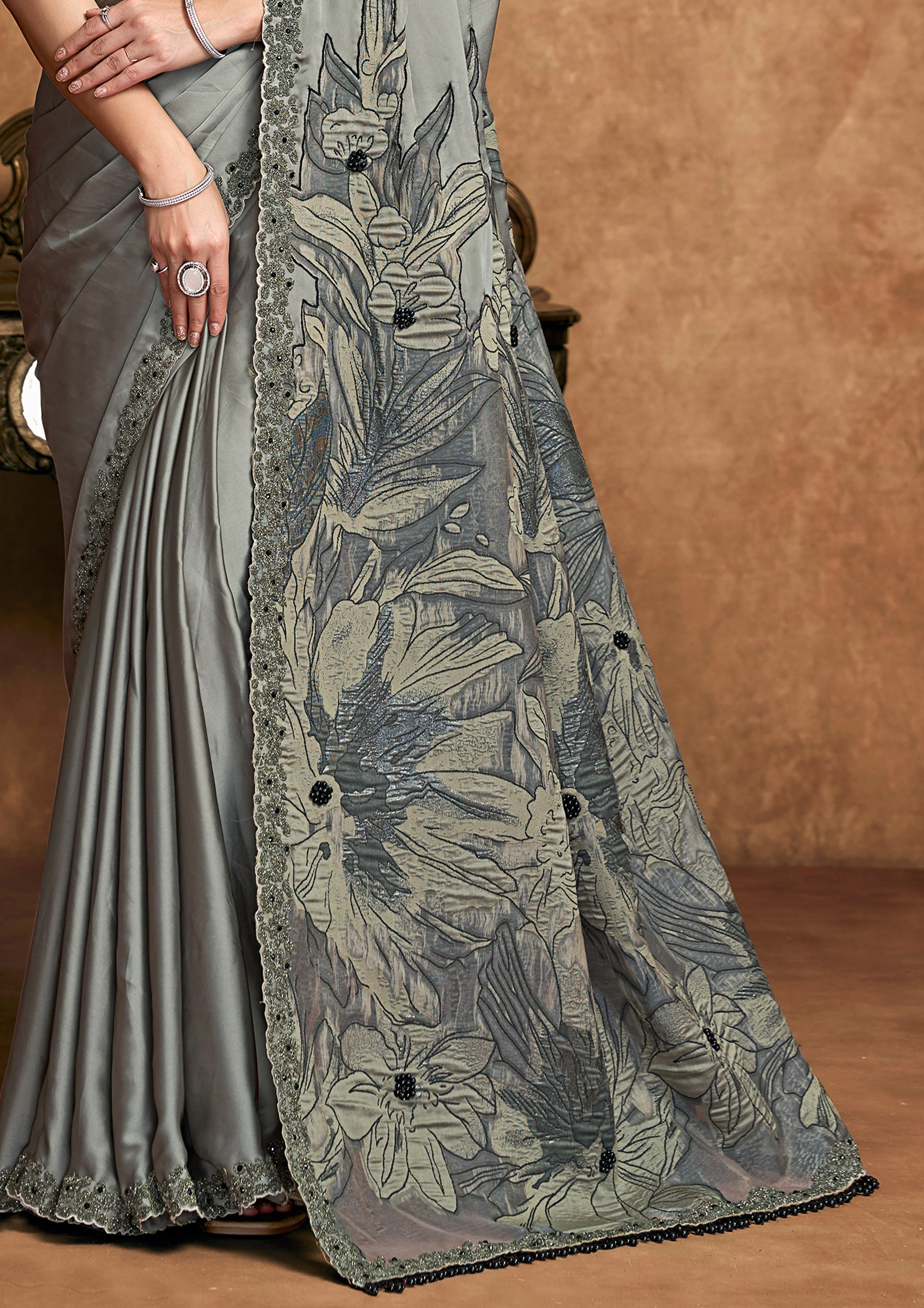 Steel Grey Embellished Satin Silk Saree - Image 3